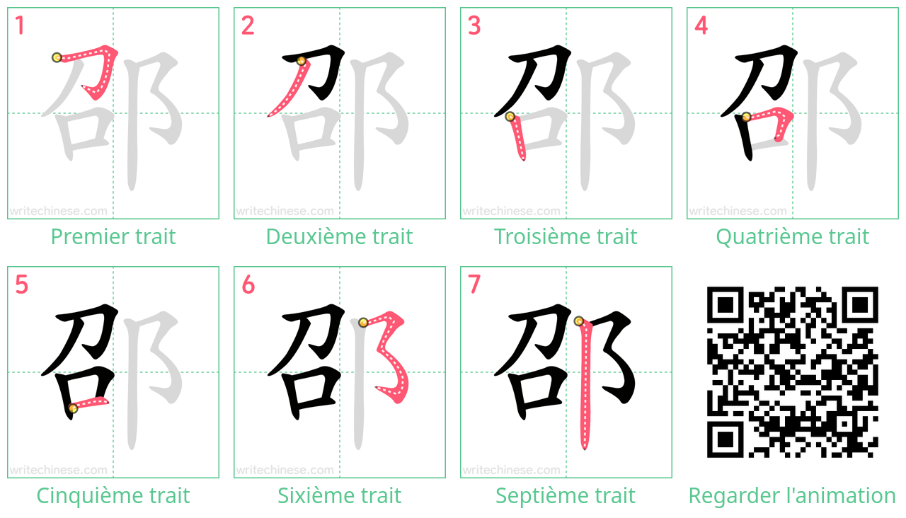 Diagrammes d'ordre des traits étape par étape pour le caractère 邵