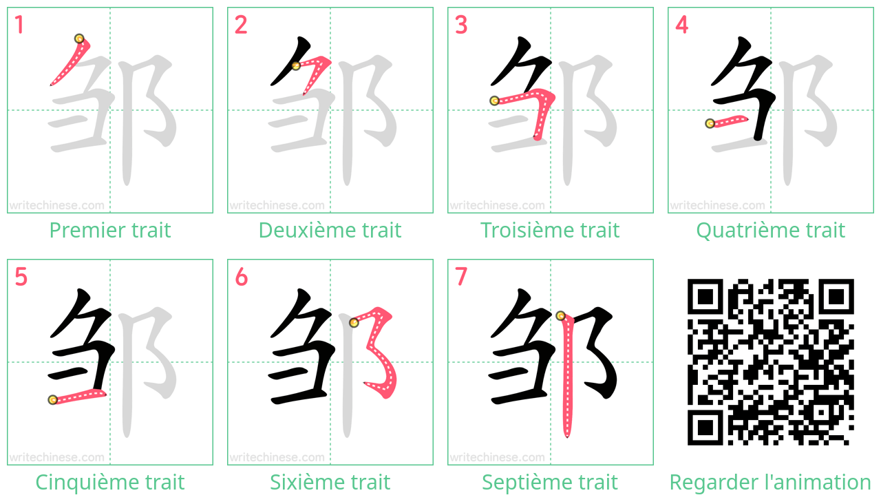 Diagrammes d'ordre des traits étape par étape pour le caractère 邹