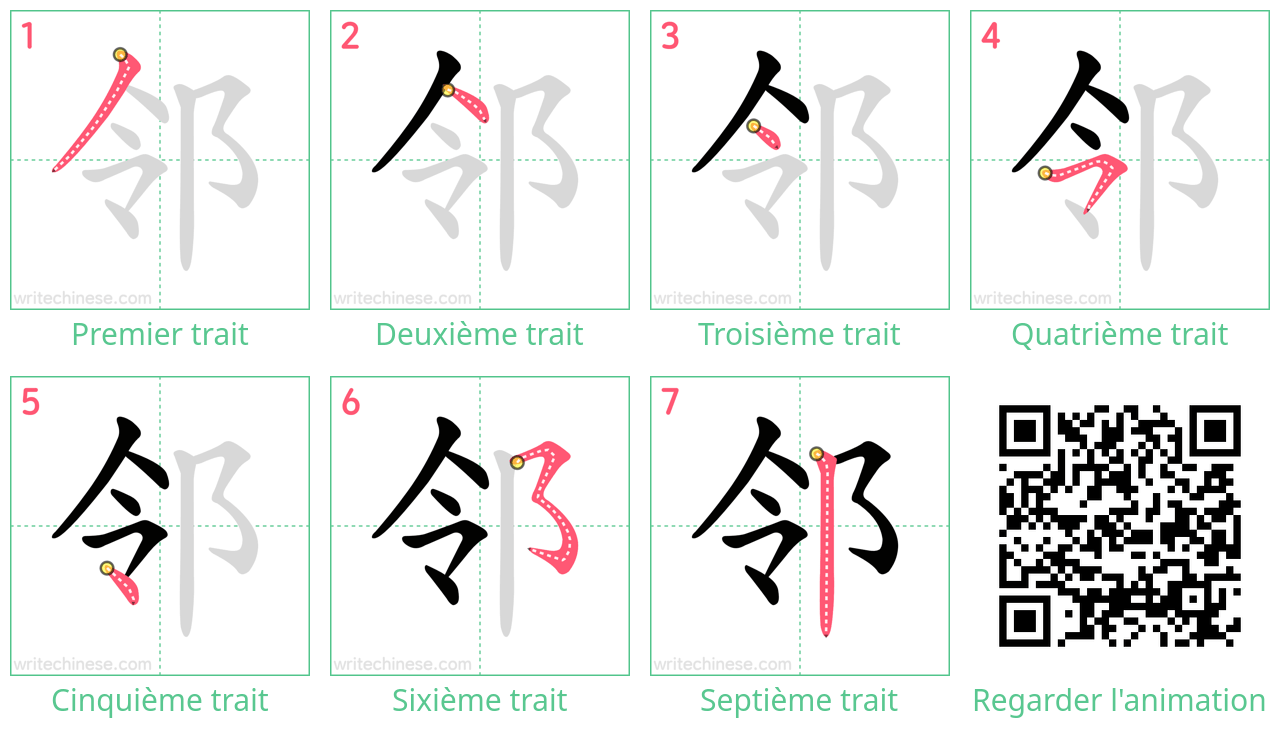 Diagrammes d'ordre des traits étape par étape pour le caractère 邻