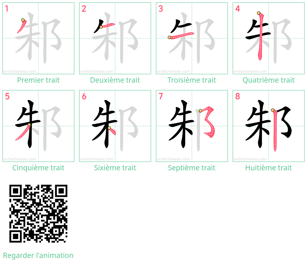 Diagrammes d'ordre des traits étape par étape pour le caractère 邾