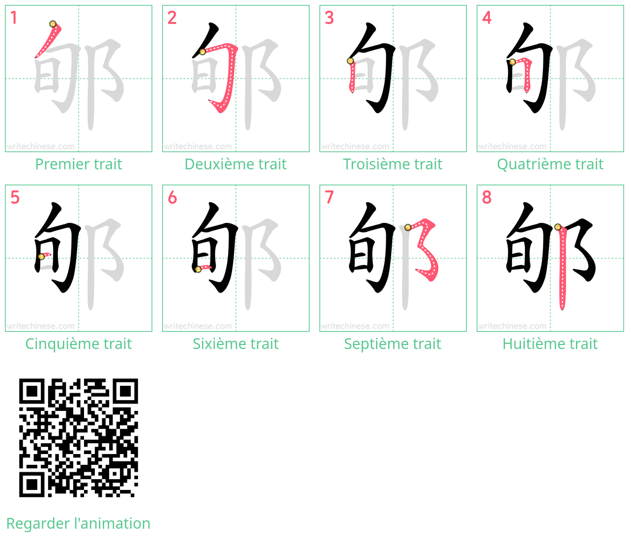 Diagrammes d'ordre des traits étape par étape pour le caractère 郇