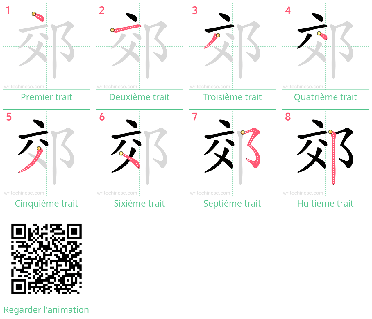 Diagrammes d'ordre des traits étape par étape pour le caractère 郊