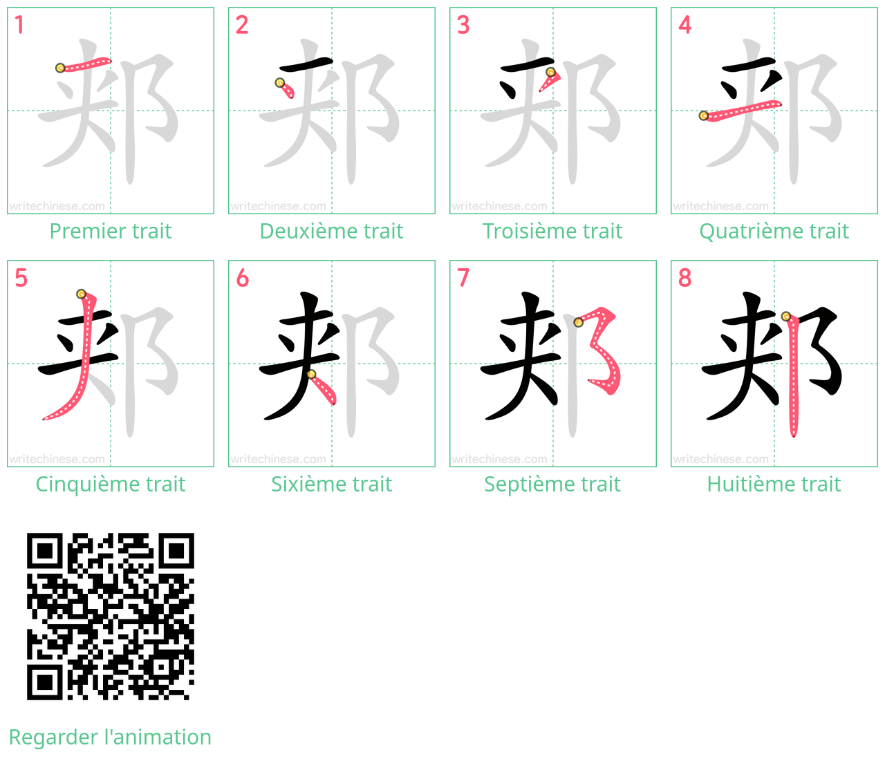 Diagrammes d'ordre des traits étape par étape pour le caractère 郏