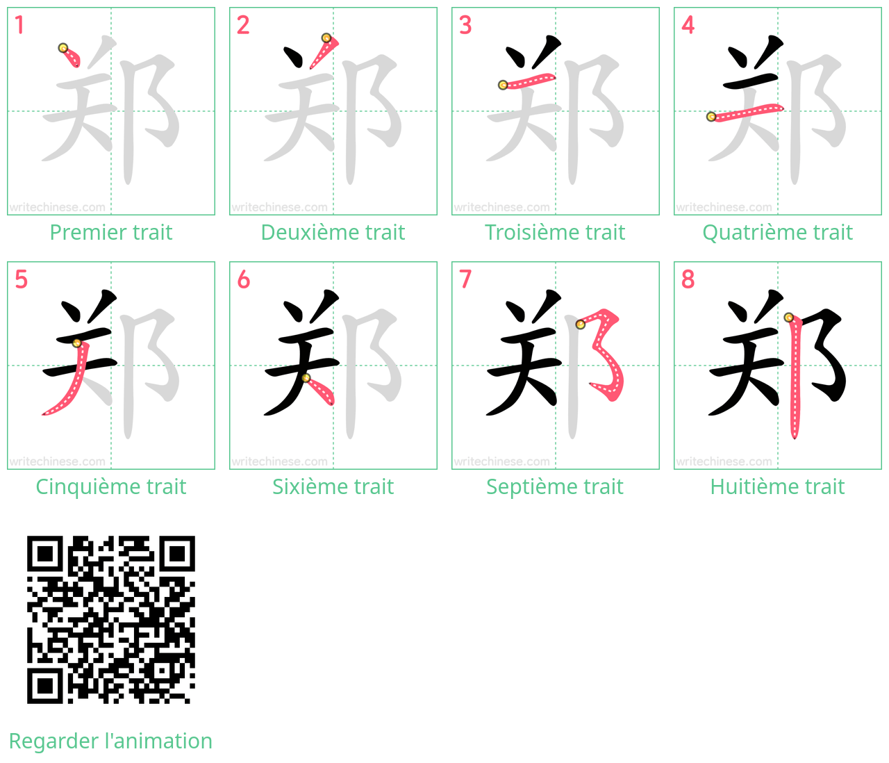 Diagrammes d'ordre des traits étape par étape pour le caractère 郑