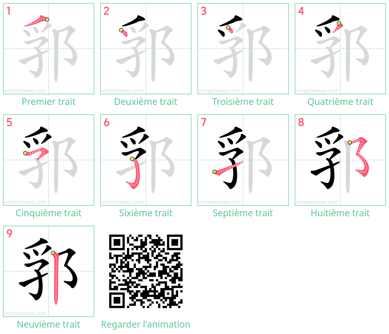 Diagrammes d'ordre des traits étape par étape pour le caractère 郛