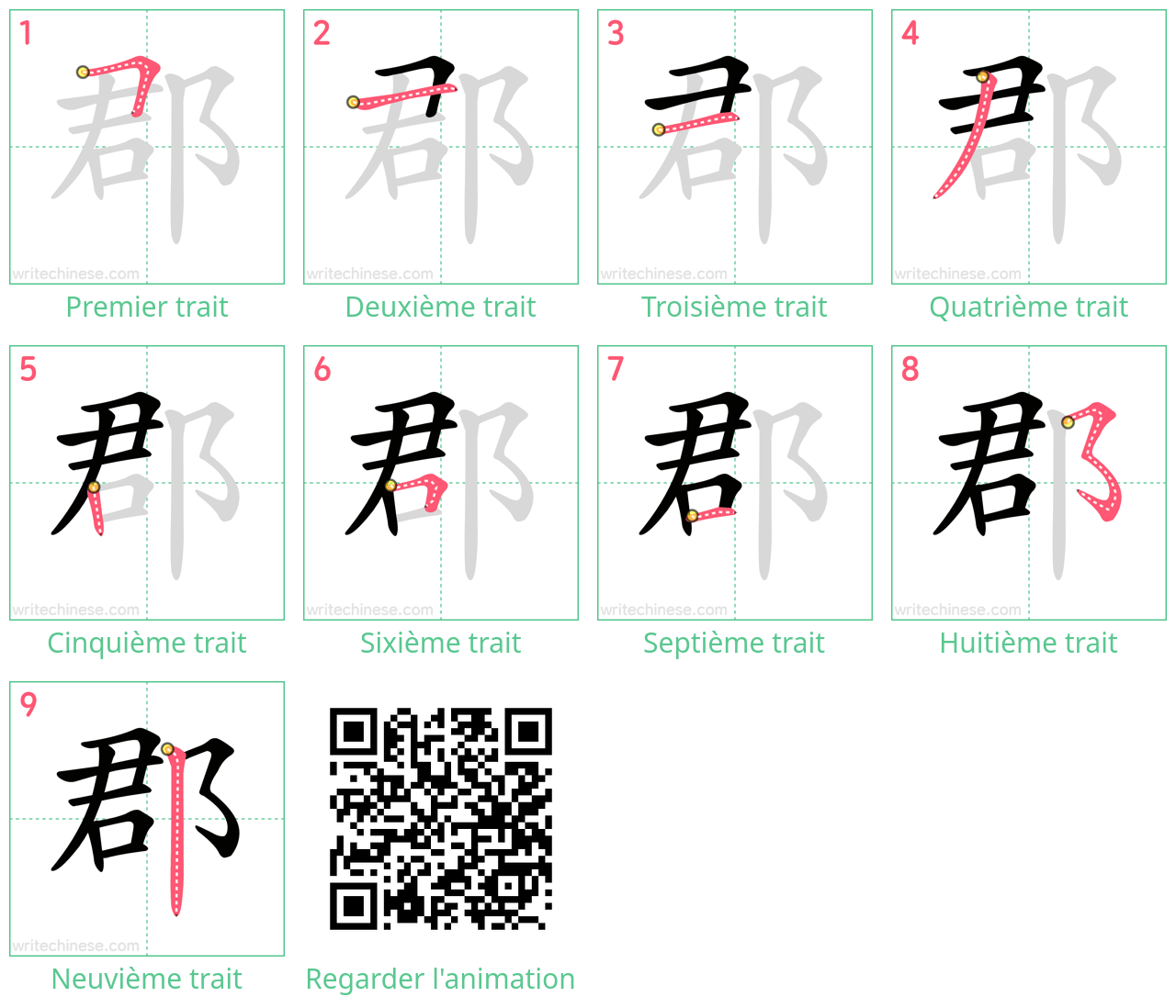Diagrammes d'ordre des traits étape par étape pour le caractère 郡