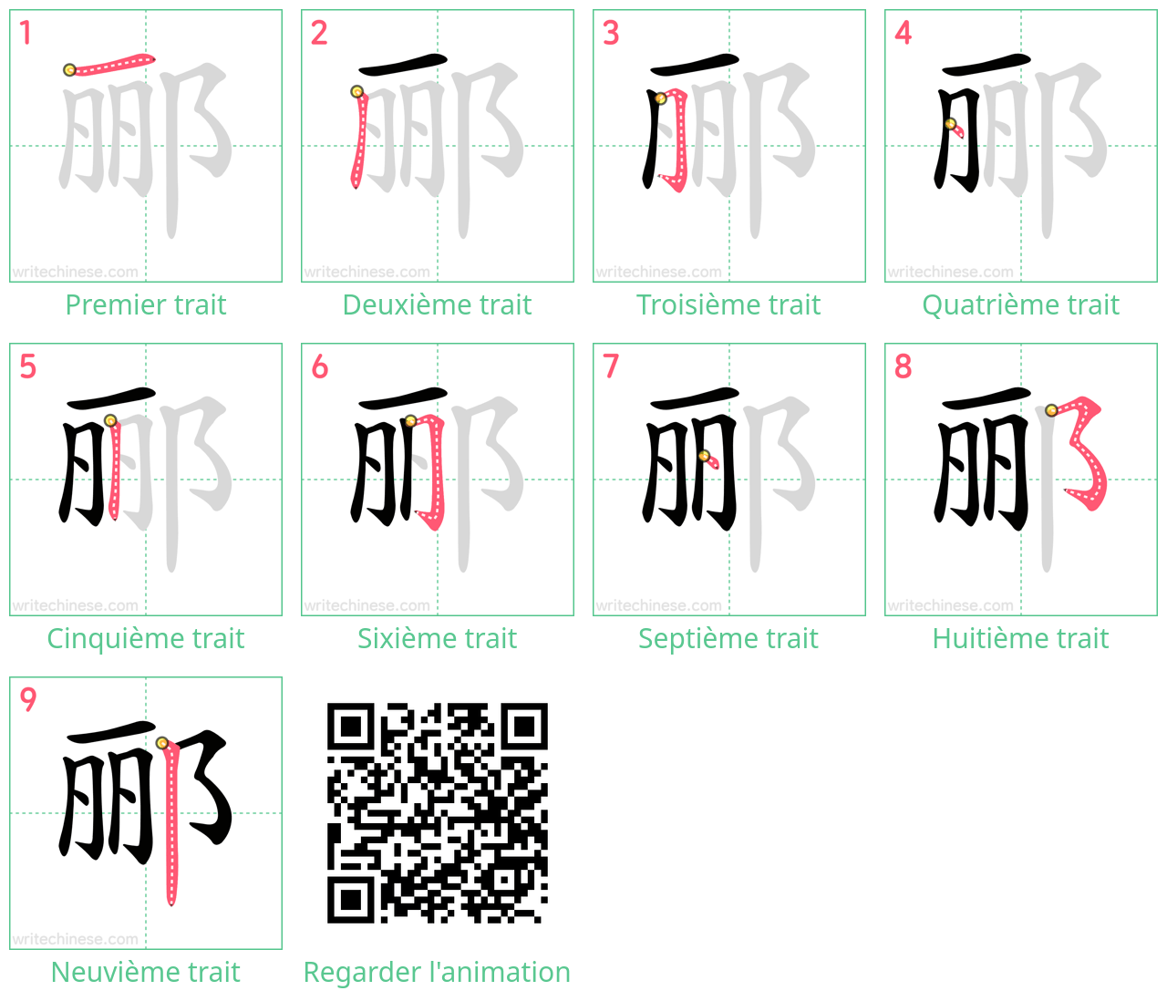 Diagrammes d'ordre des traits étape par étape pour le caractère 郦