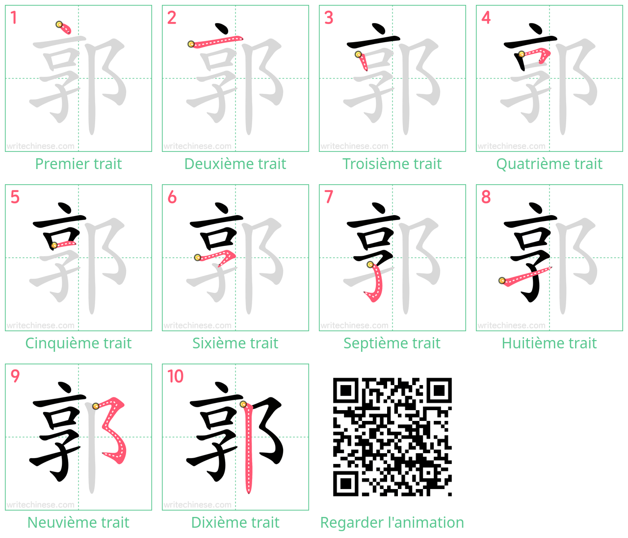 Diagrammes d'ordre des traits étape par étape pour le caractère 郭