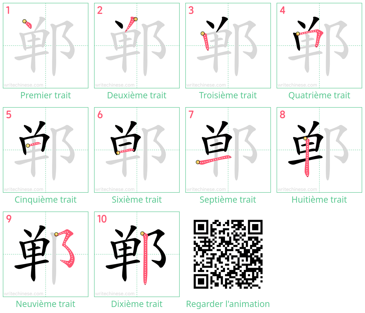 Diagrammes d'ordre des traits étape par étape pour le caractère 郸