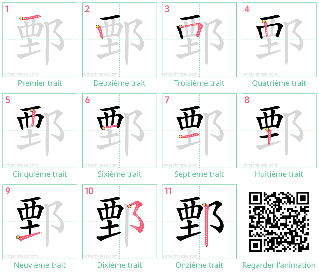 Diagrammes d'ordre des traits étape par étape pour le caractère 鄄