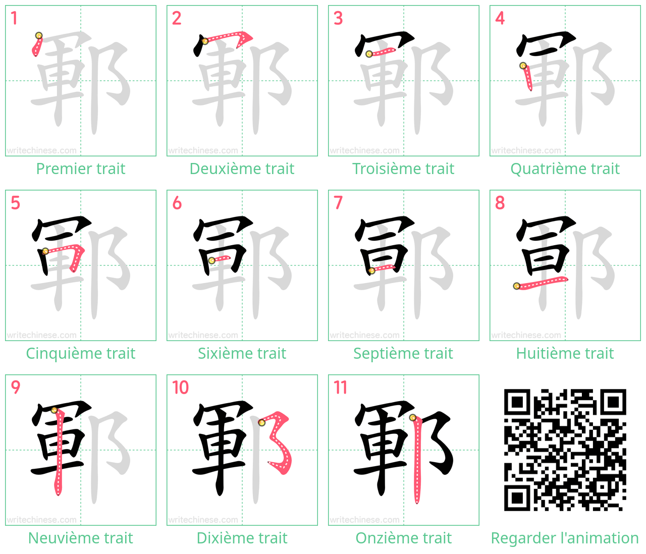 Diagrammes d'ordre des traits étape par étape pour le caractère 鄆