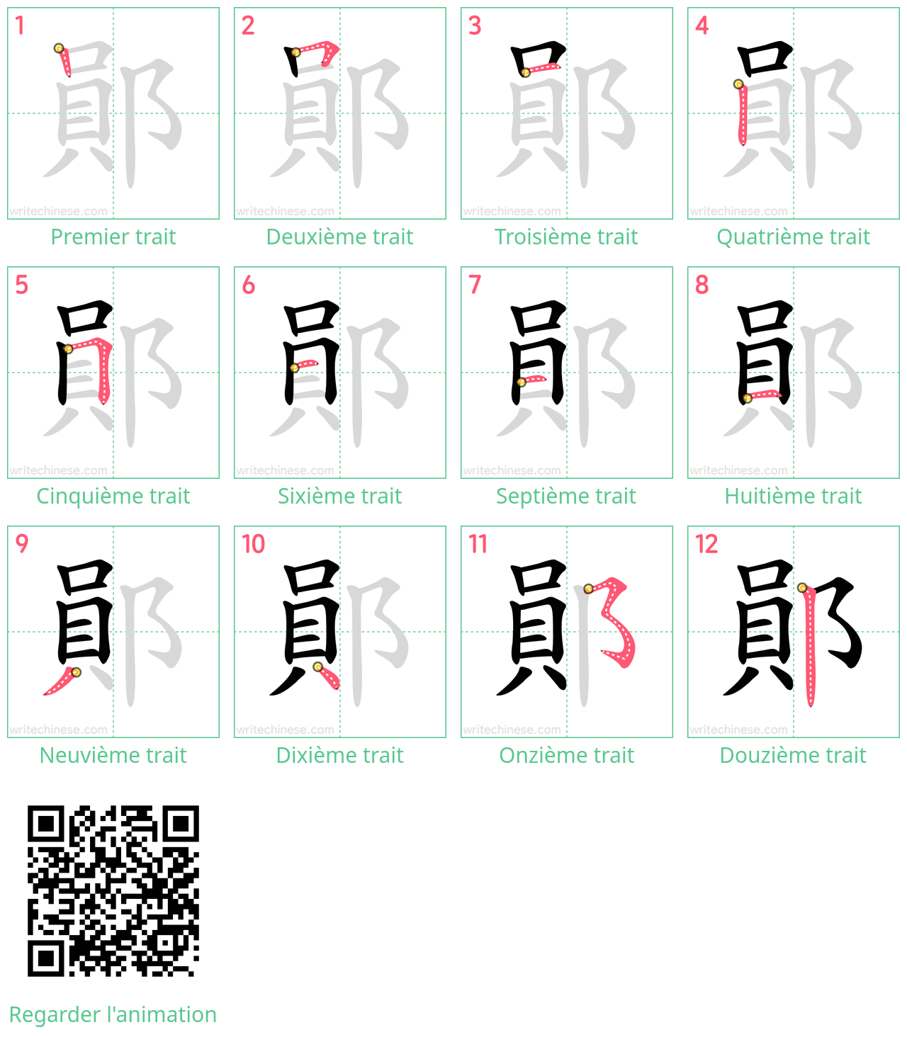 Diagrammes d'ordre des traits étape par étape pour le caractère 鄖