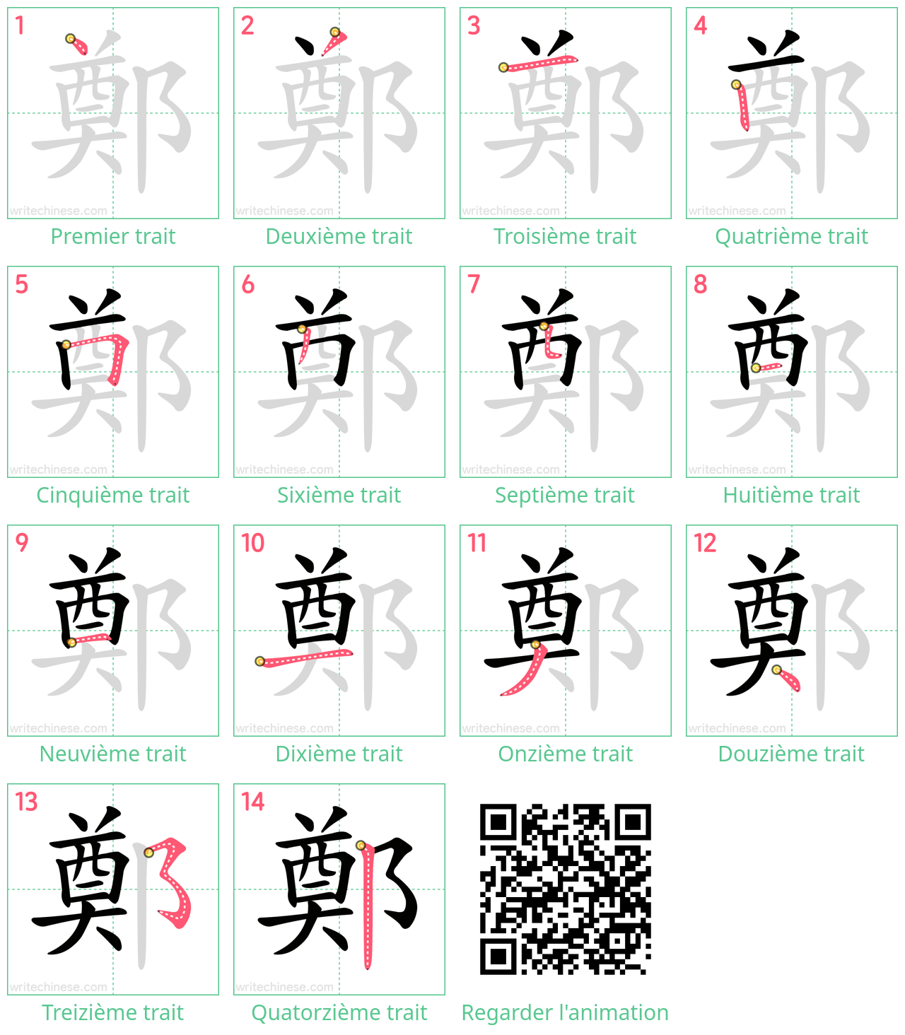 Diagrammes d'ordre des traits étape par étape pour le caractère 鄭