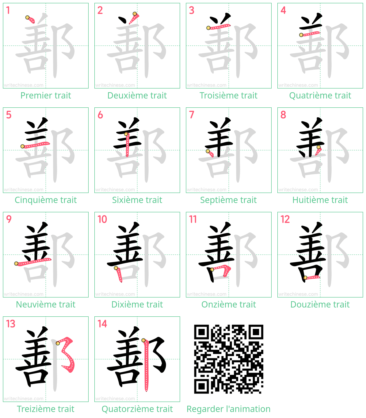 Diagrammes d'ordre des traits étape par étape pour le caractère 鄯