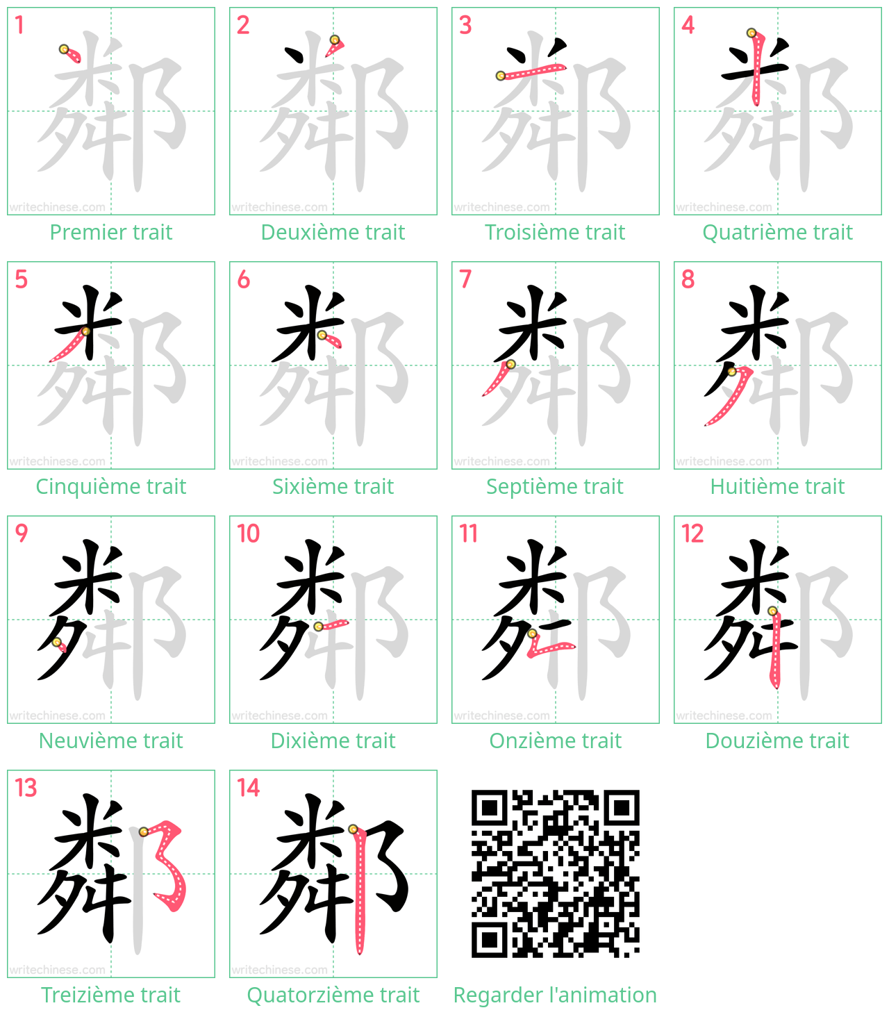 Diagrammes d'ordre des traits étape par étape pour le caractère 鄰