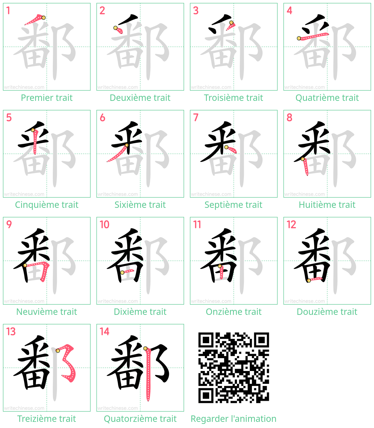 Diagrammes d'ordre des traits étape par étape pour le caractère 鄱