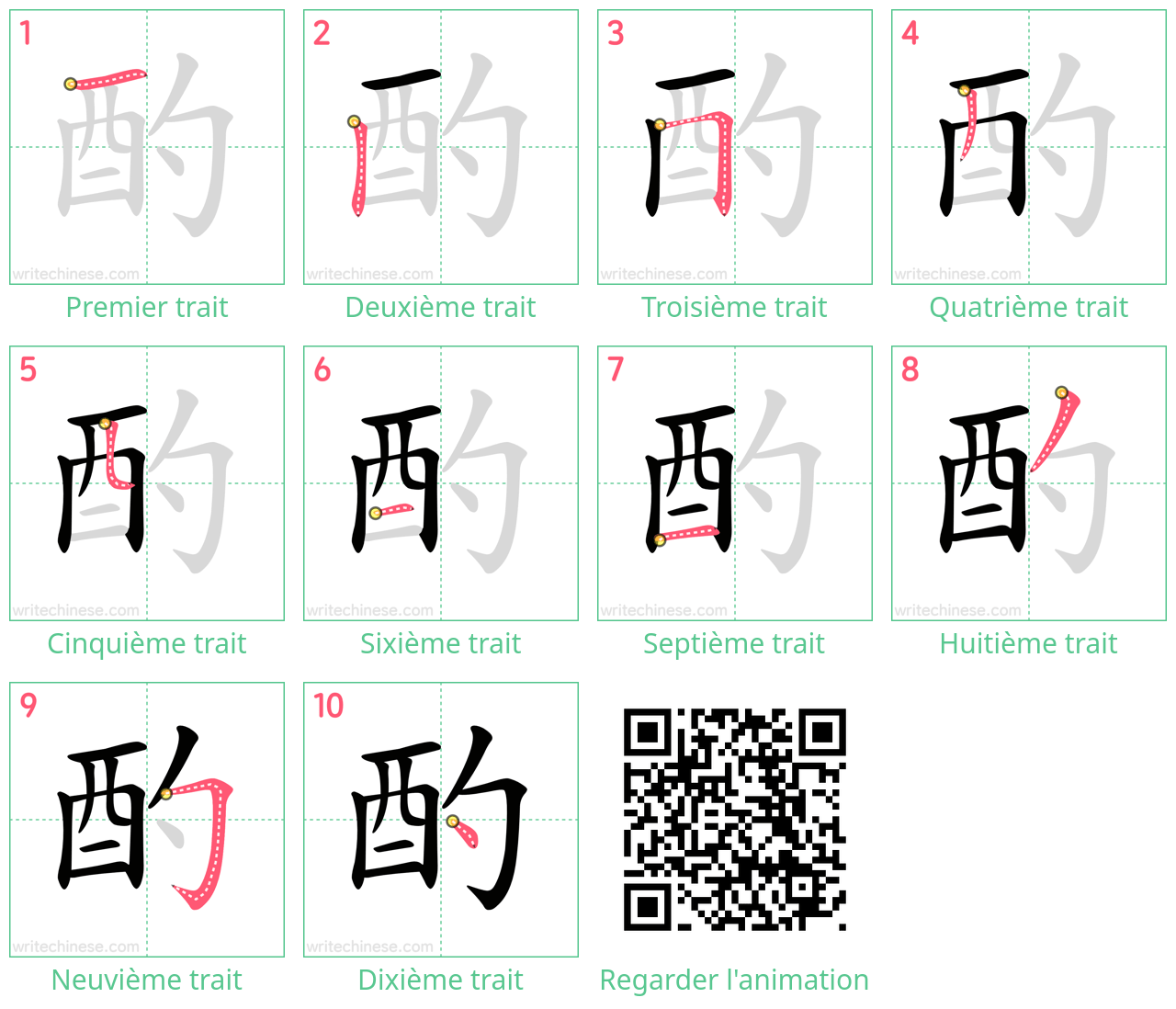 Diagrammes d'ordre des traits étape par étape pour le caractère 酌