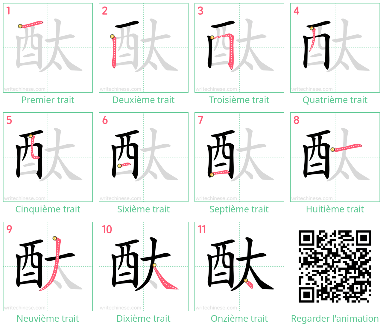 Diagrammes d'ordre des traits étape par étape pour le caractère 酞