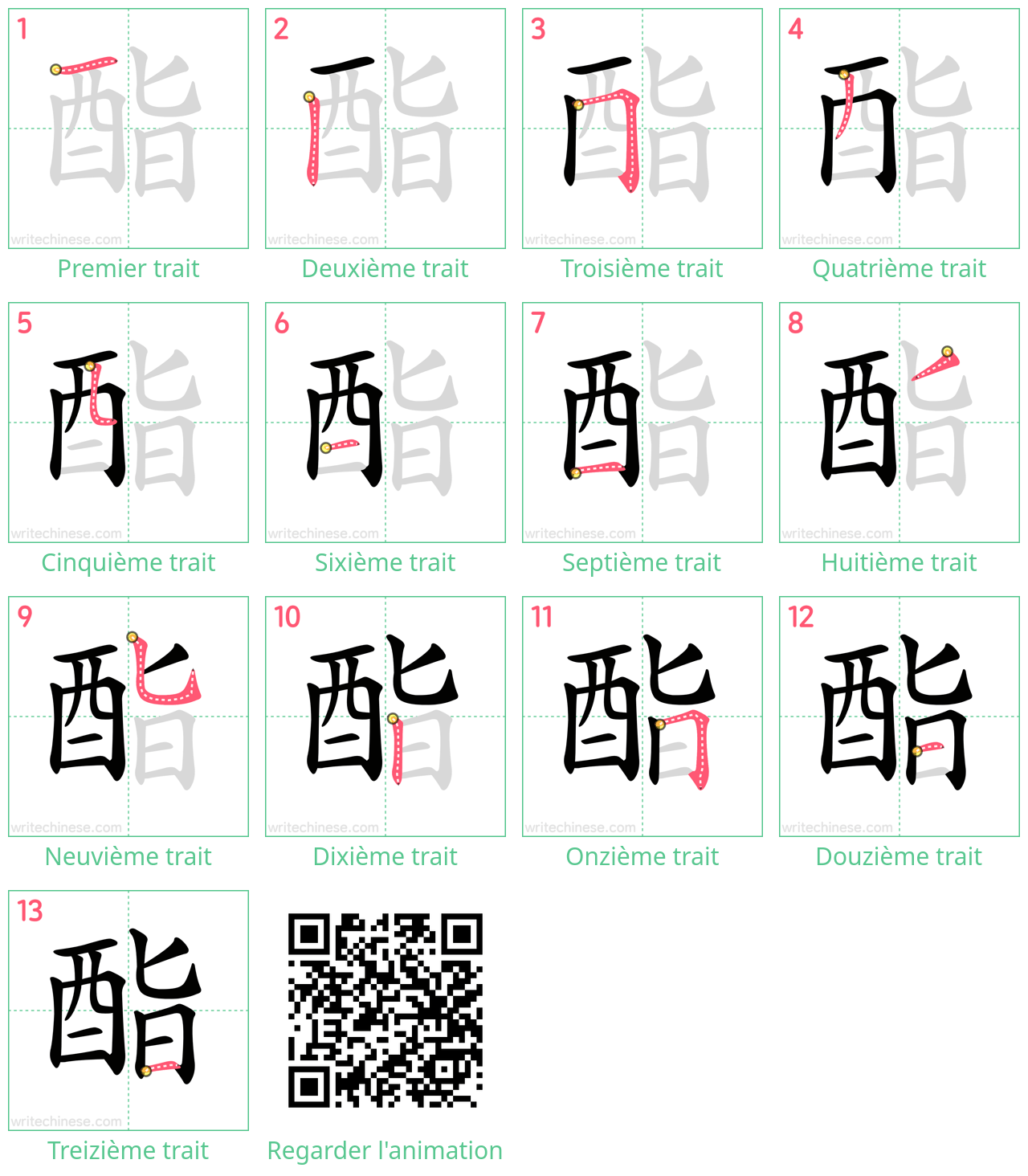 Diagrammes d'ordre des traits étape par étape pour le caractère 酯