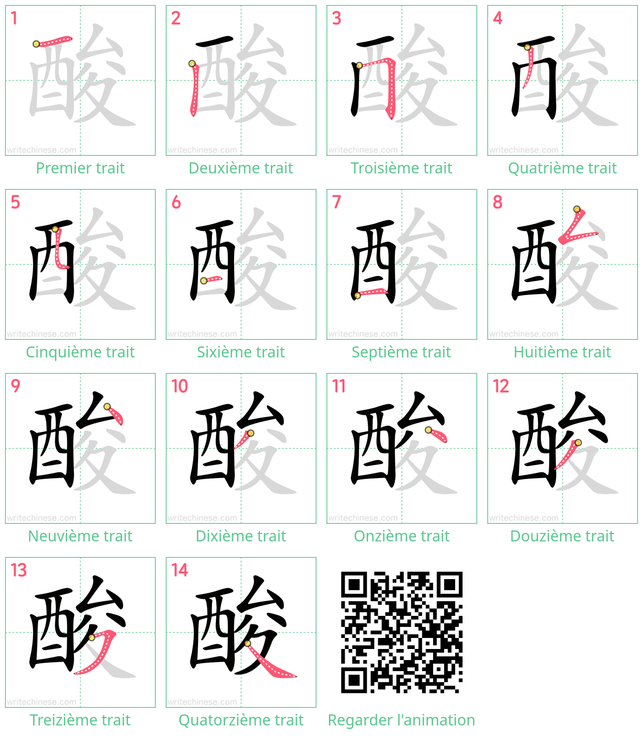 Diagrammes d'ordre des traits étape par étape pour le caractère 酸