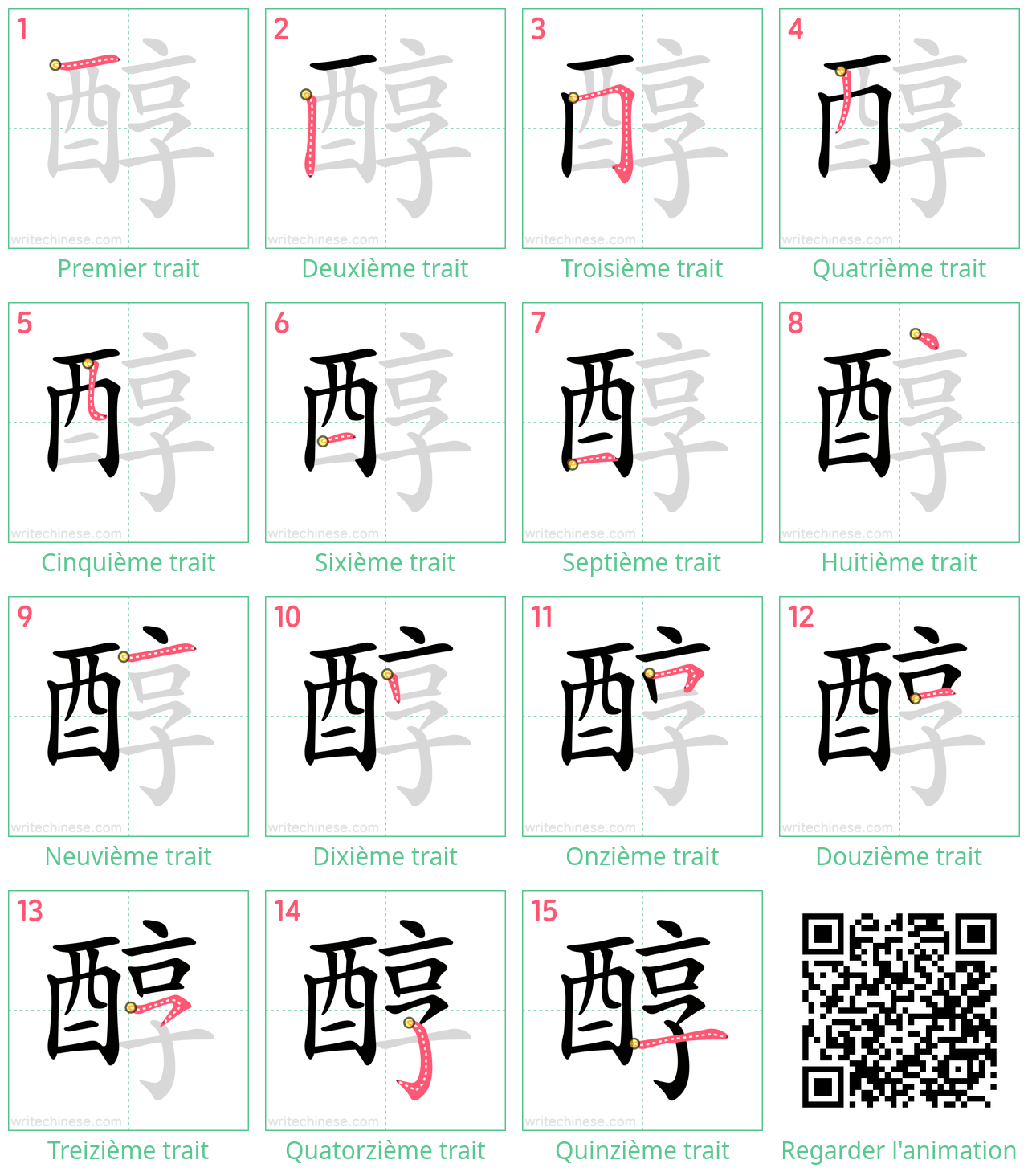 Diagrammes d'ordre des traits étape par étape pour le caractère 醇