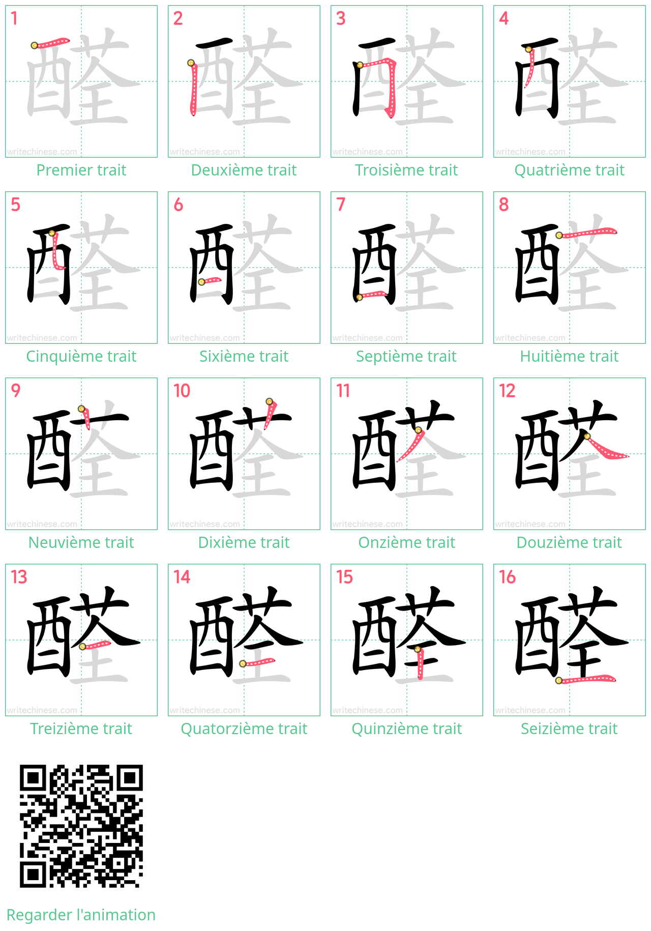 Diagrammes d'ordre des traits étape par étape pour le caractère 醛