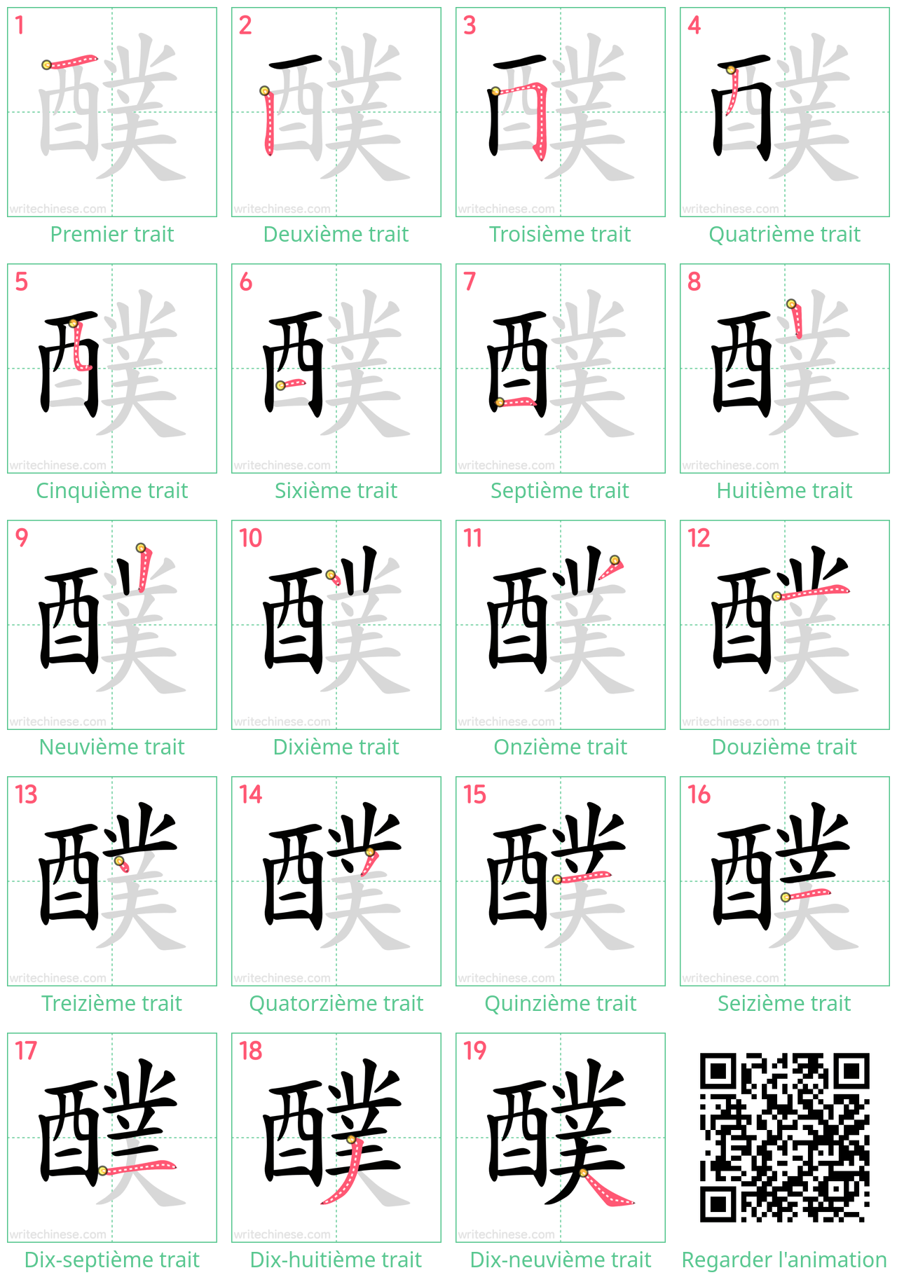 Diagrammes d'ordre des traits étape par étape pour le caractère 醭