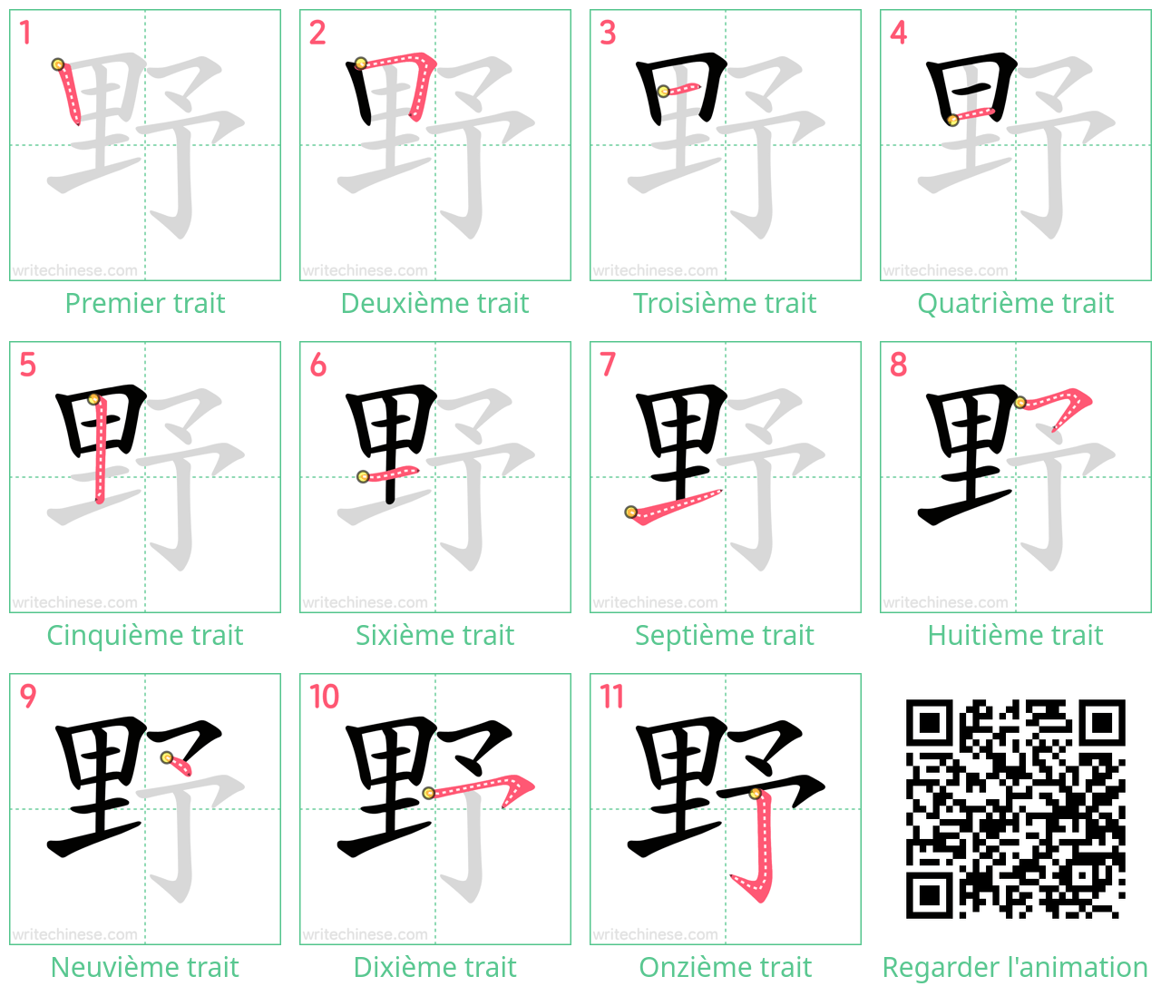 Diagrammes d'ordre des traits étape par étape pour le caractère 野