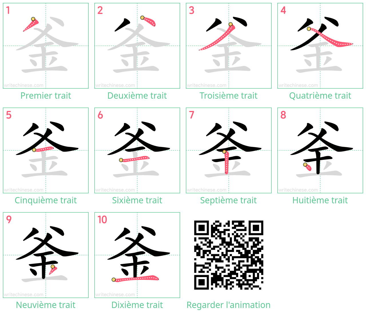 Diagrammes d'ordre des traits étape par étape pour le caractère 釜