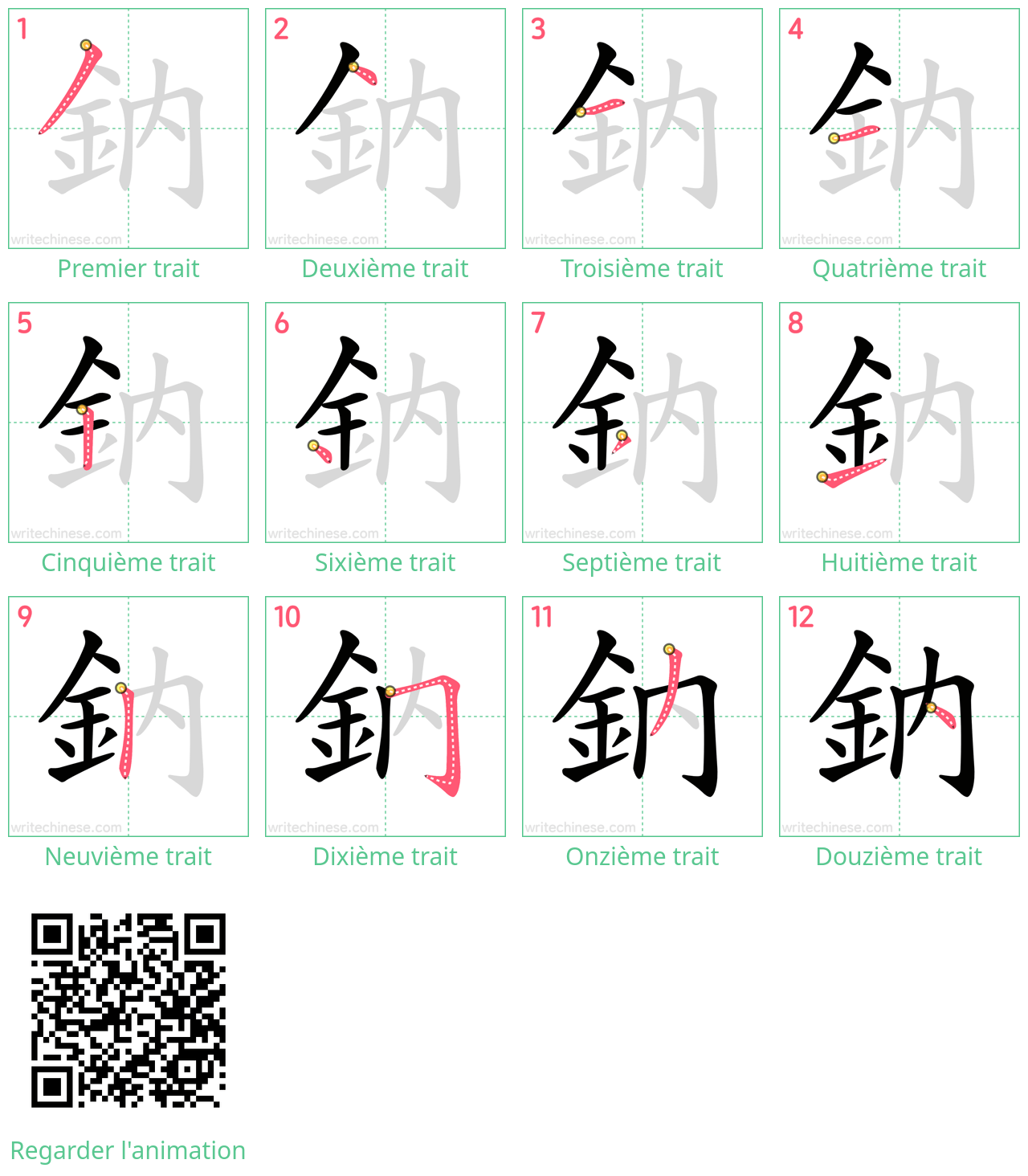 Diagrammes d'ordre des traits étape par étape pour le caractère 鈉