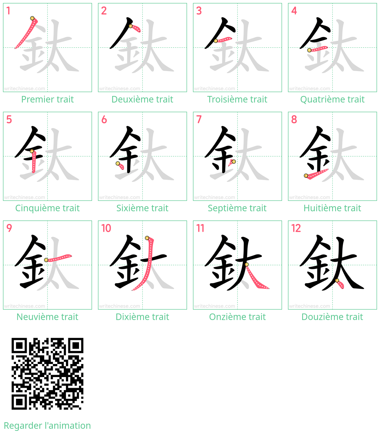 Diagrammes d'ordre des traits étape par étape pour le caractère 鈦