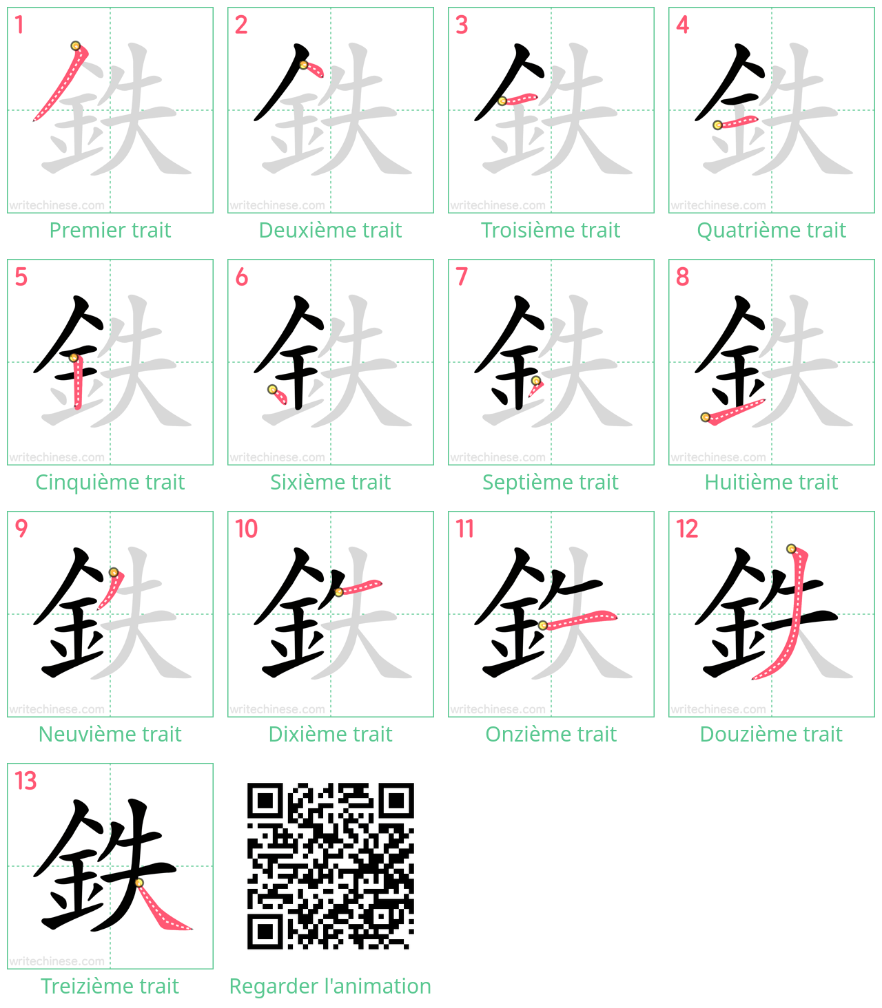 Diagrammes d'ordre des traits étape par étape pour le caractère 鉄