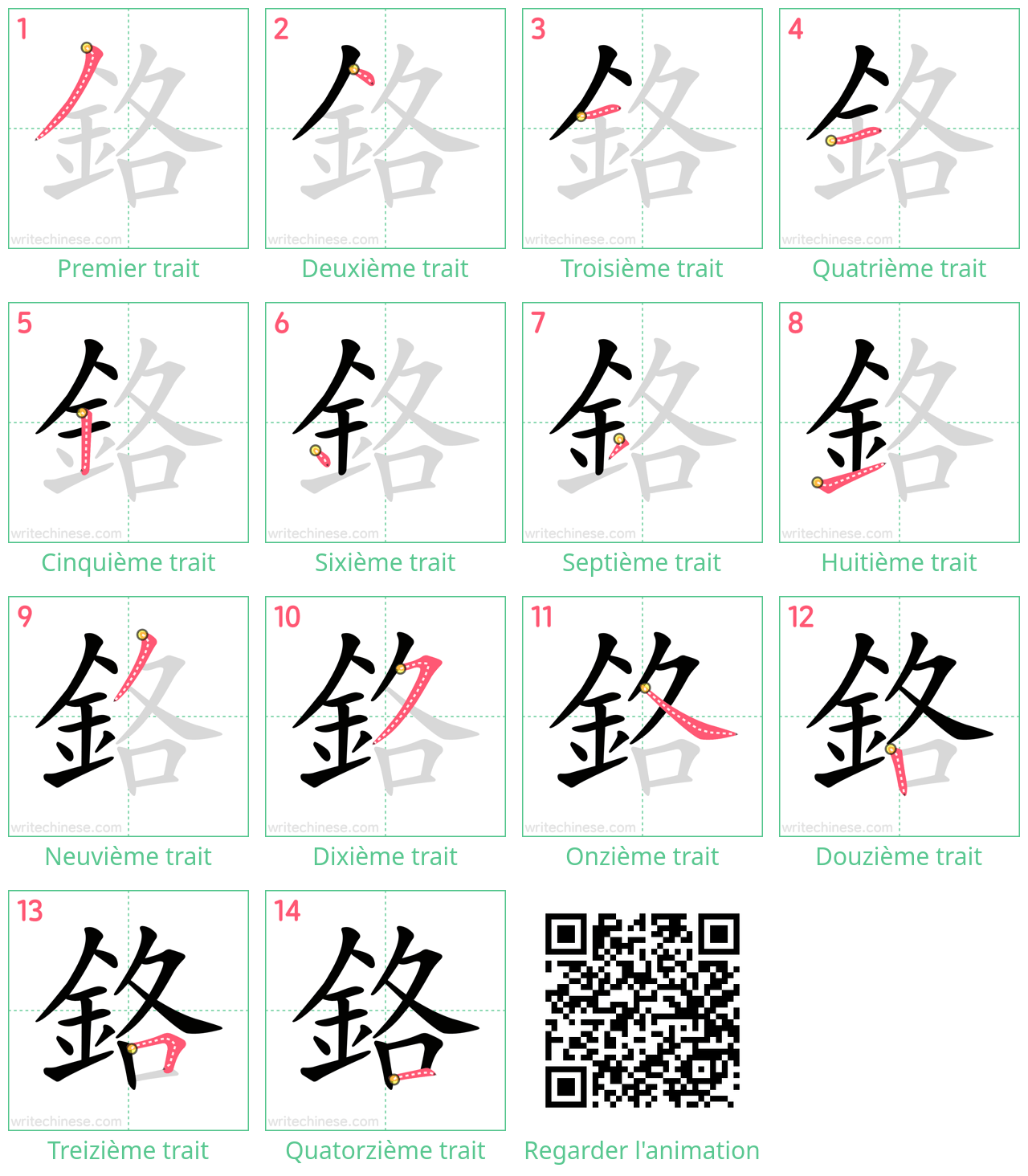 Diagrammes d'ordre des traits étape par étape pour le caractère 鉻