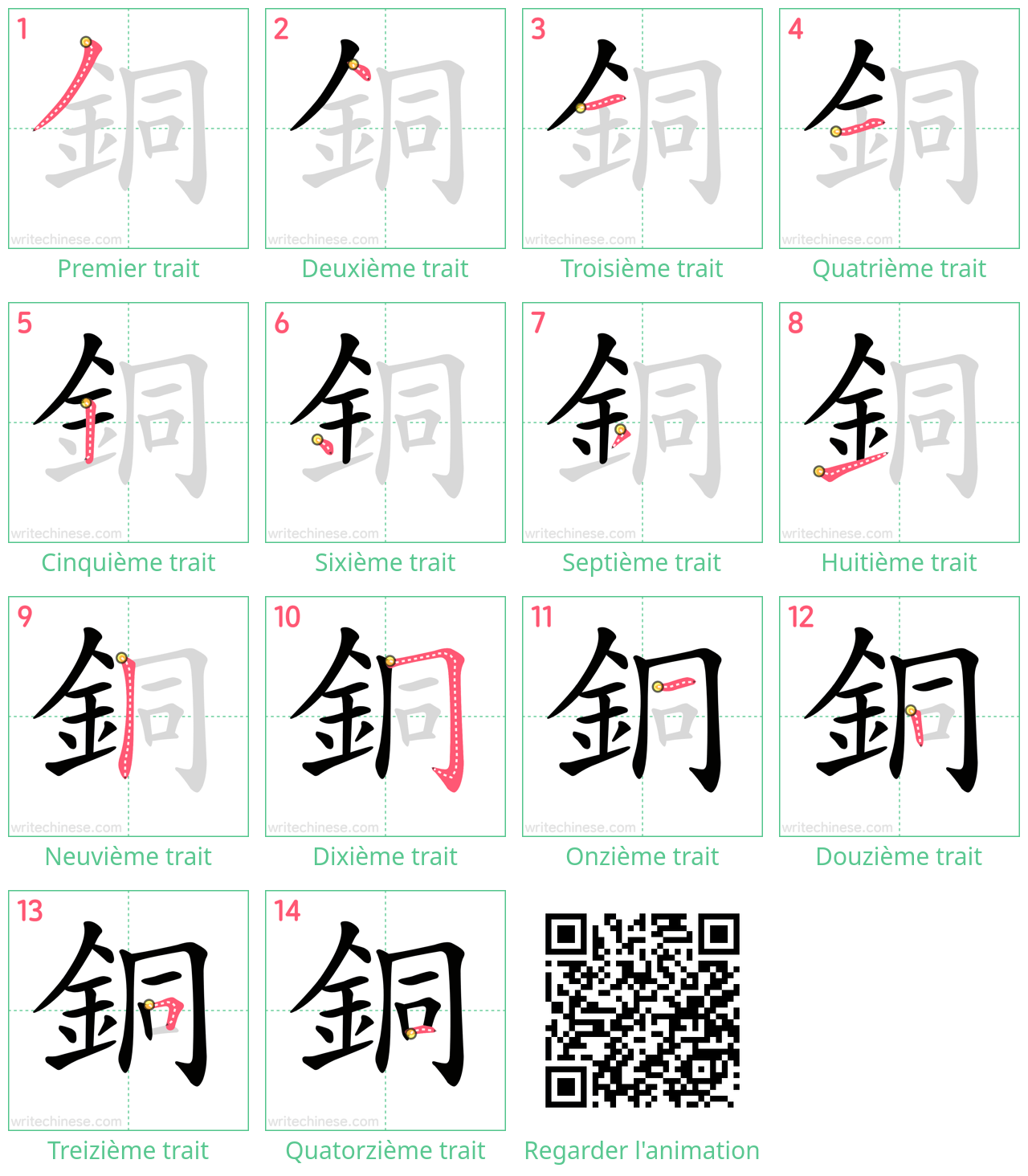 Diagrammes d'ordre des traits étape par étape pour le caractère 銅