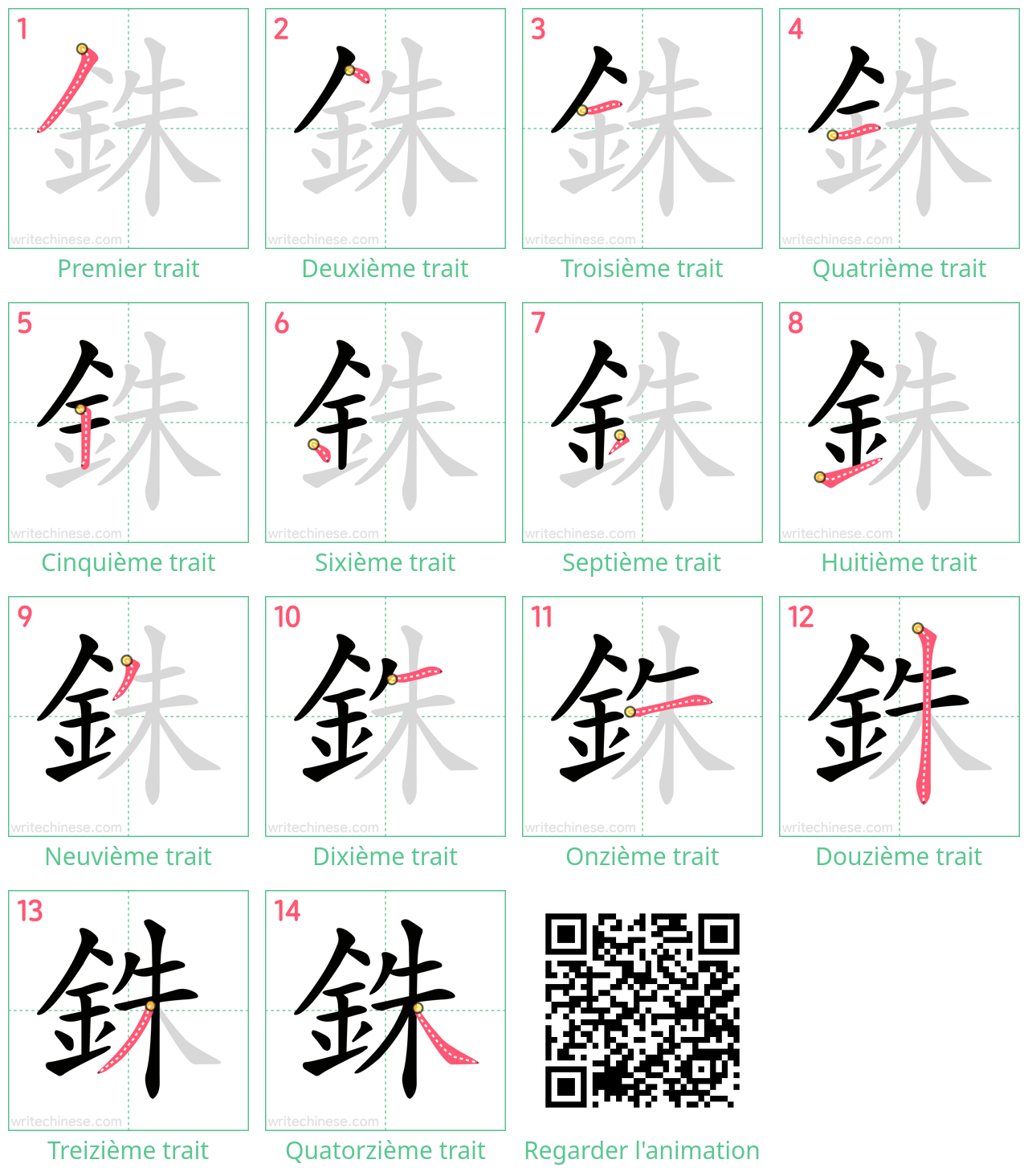 Diagrammes d'ordre des traits étape par étape pour le caractère 銖