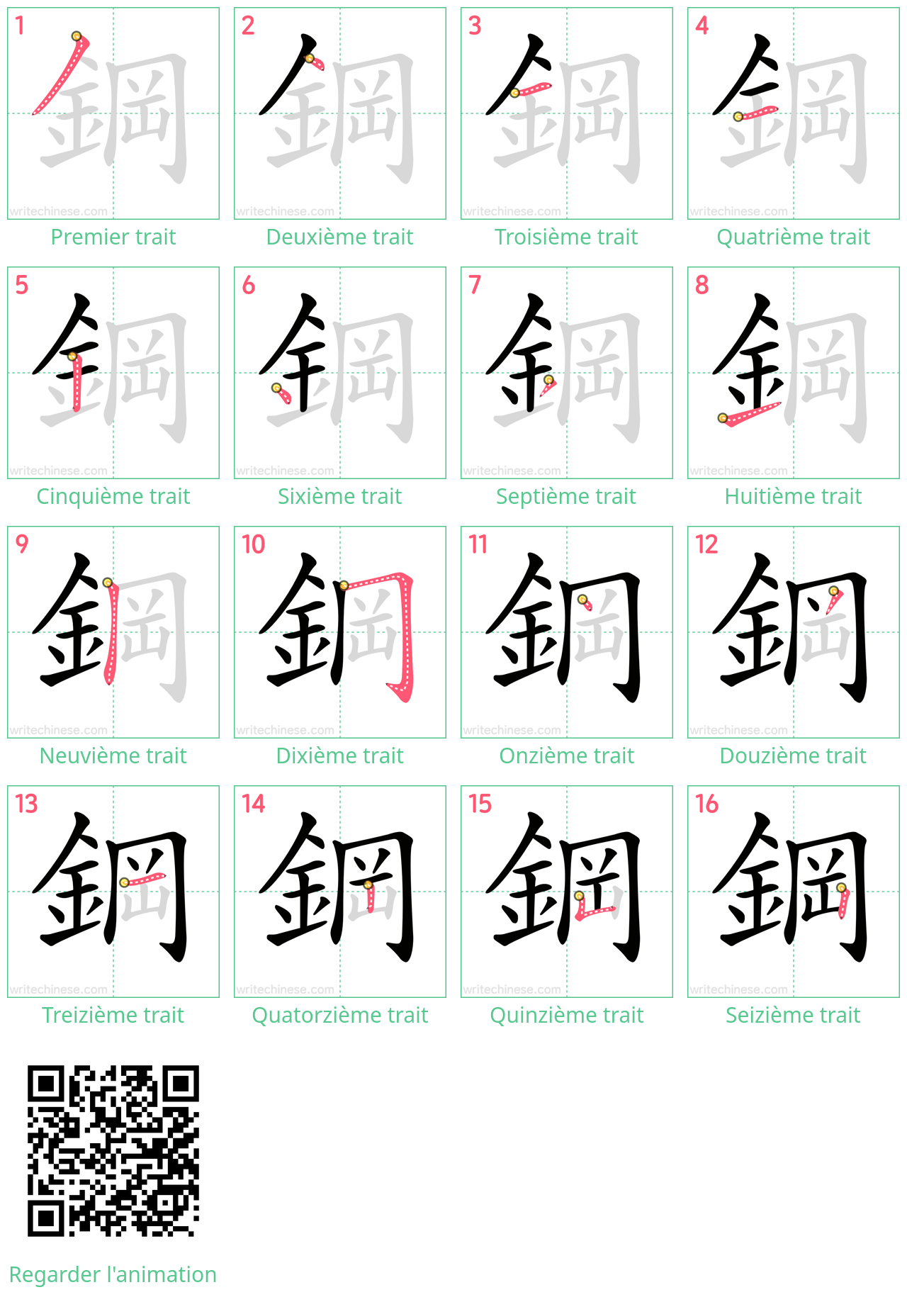 Diagrammes d'ordre des traits étape par étape pour le caractère 鋼
