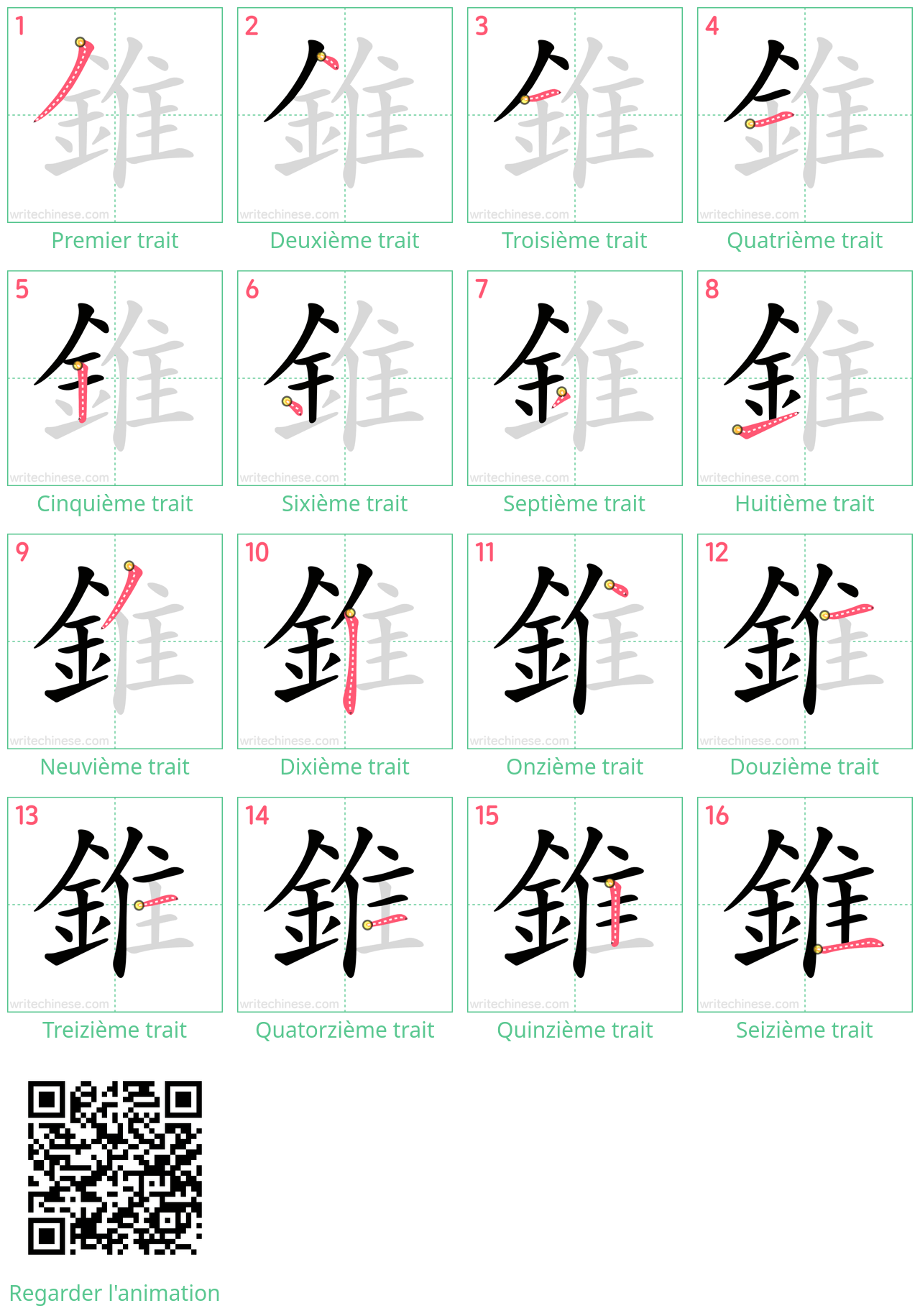 Diagrammes d'ordre des traits étape par étape pour le caractère 錐