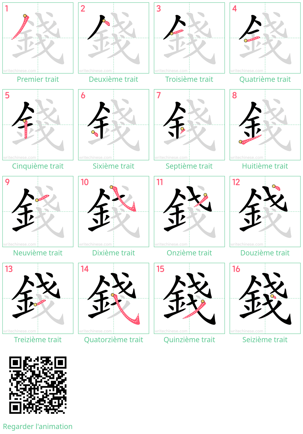 Diagrammes d'ordre des traits étape par étape pour le caractère 錢