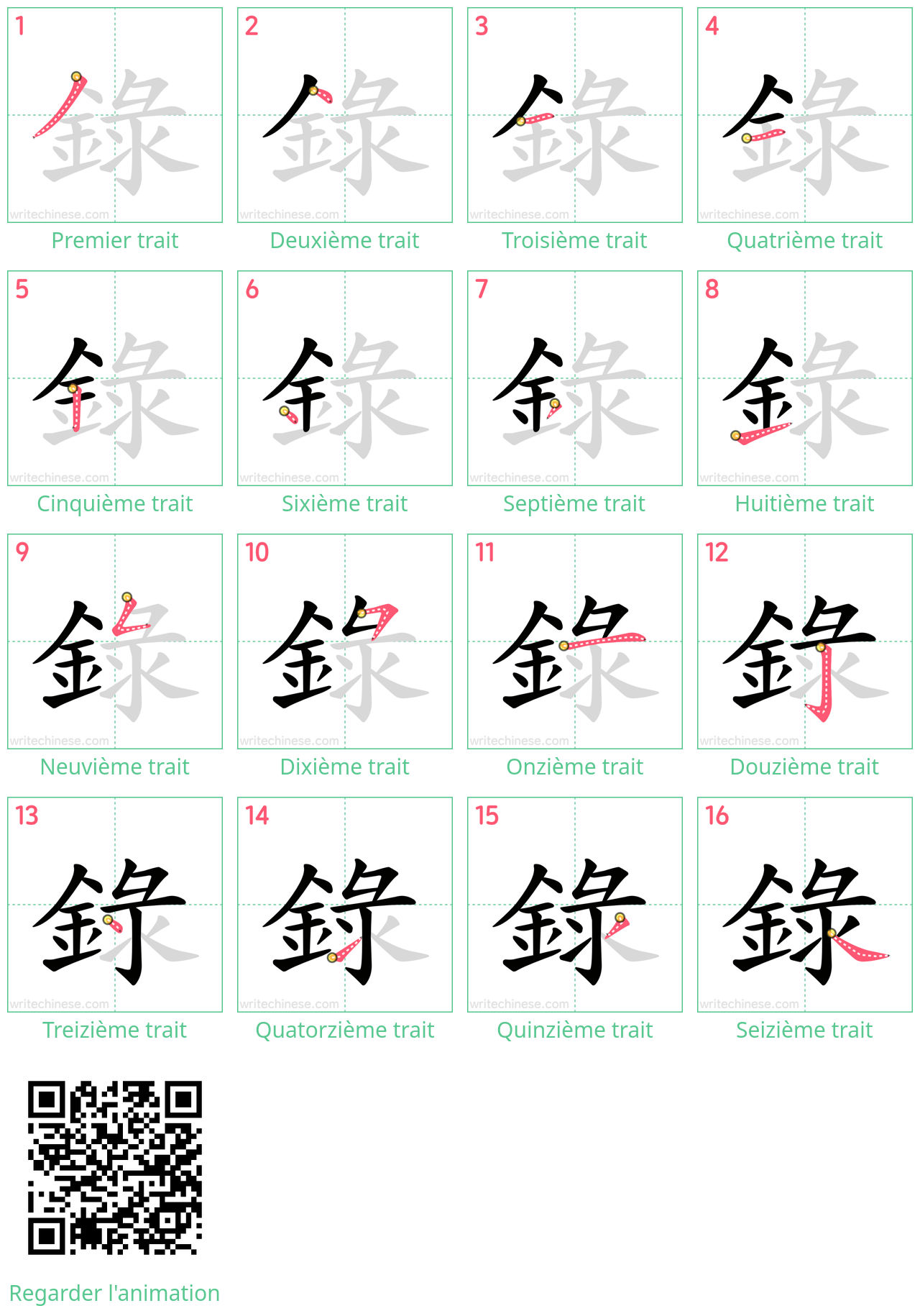 Diagrammes d'ordre des traits étape par étape pour le caractère 録