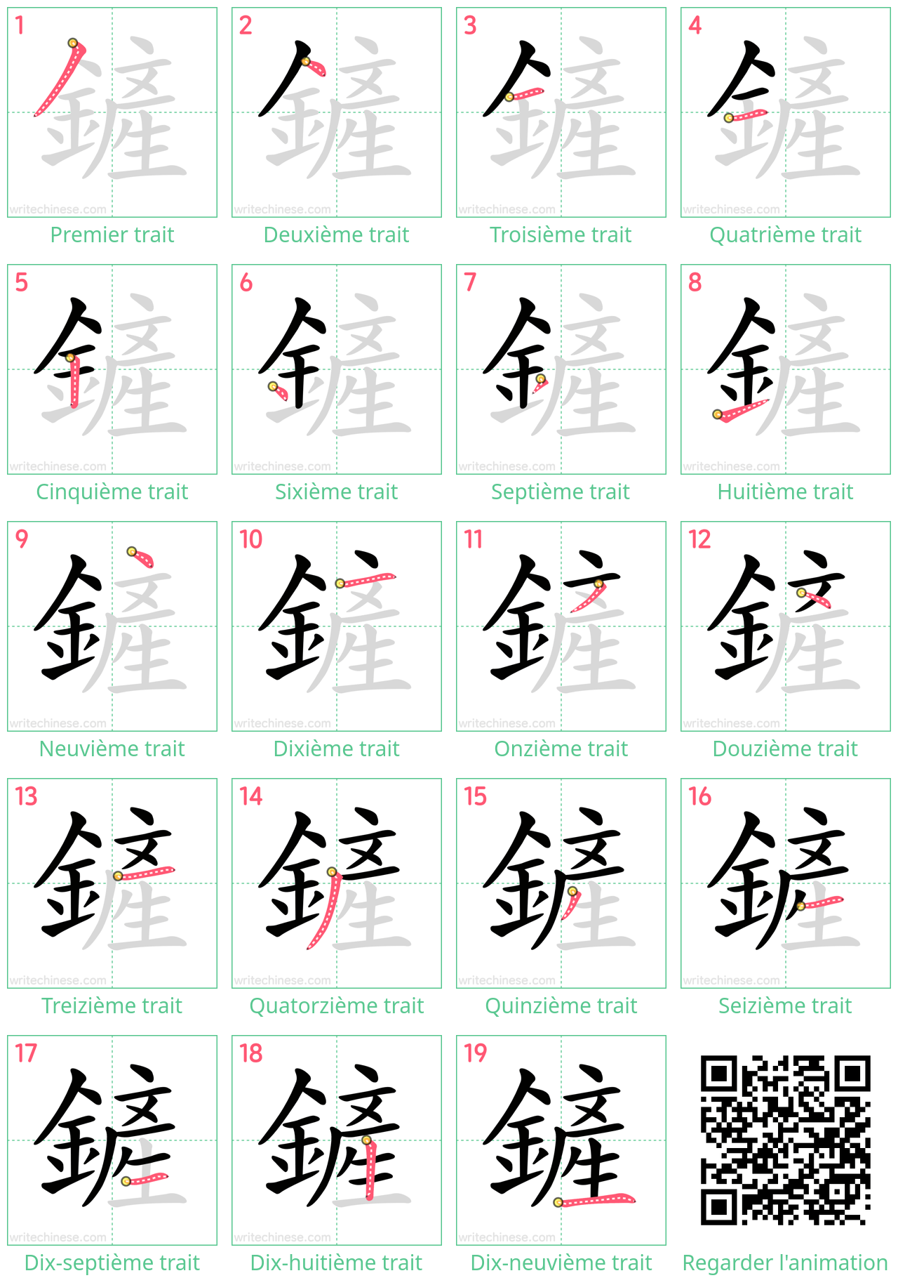 Diagrammes d'ordre des traits étape par étape pour le caractère 鏟