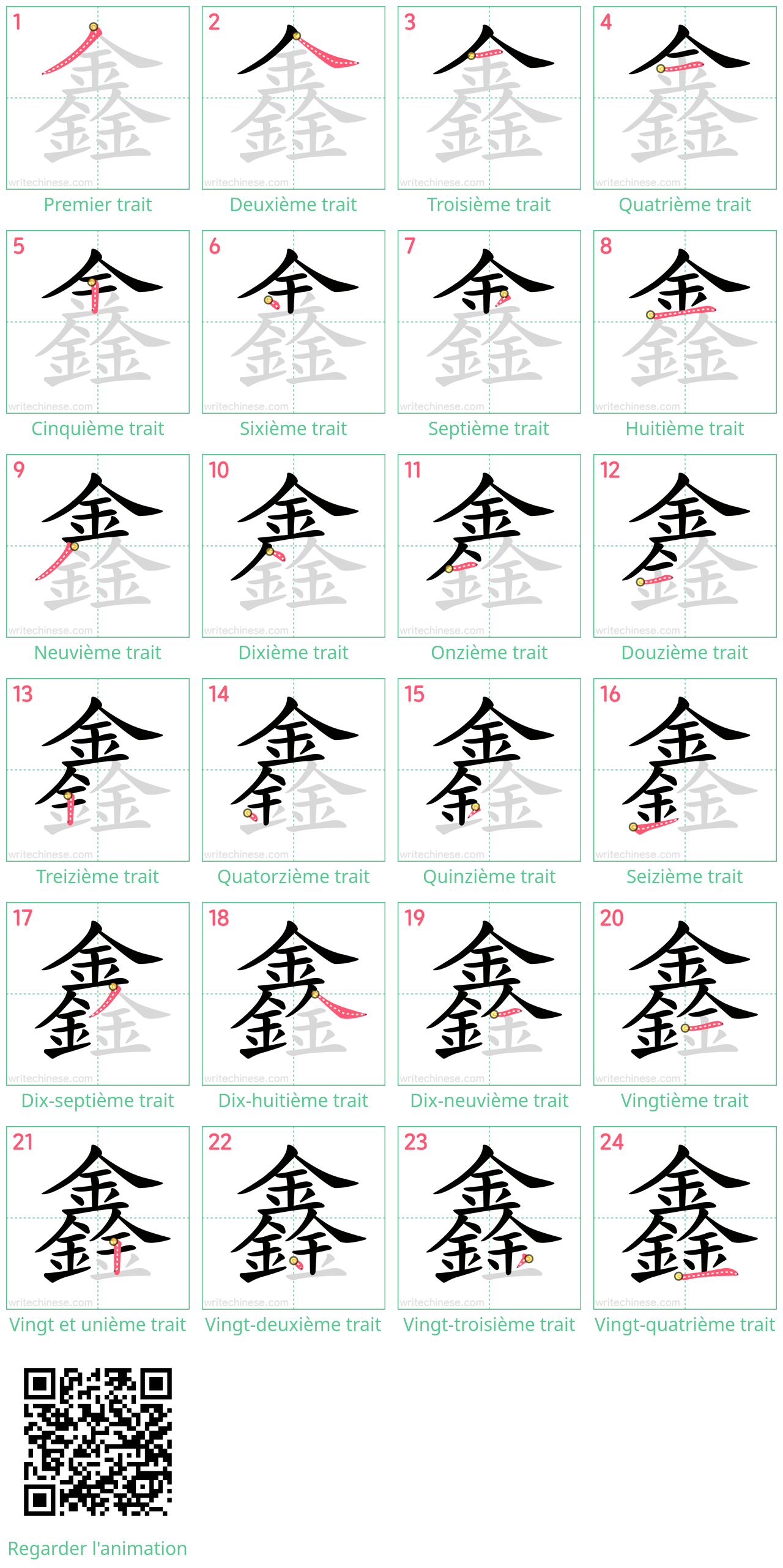 Diagrammes d'ordre des traits étape par étape pour le caractère 鑫