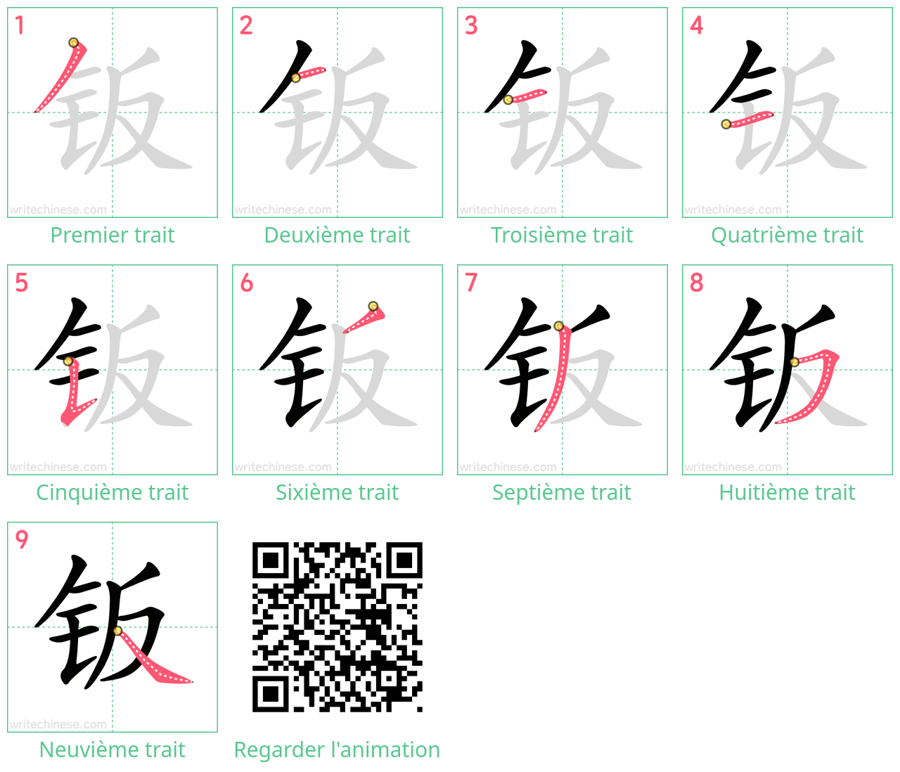 Diagrammes d'ordre des traits étape par étape pour le caractère 钣