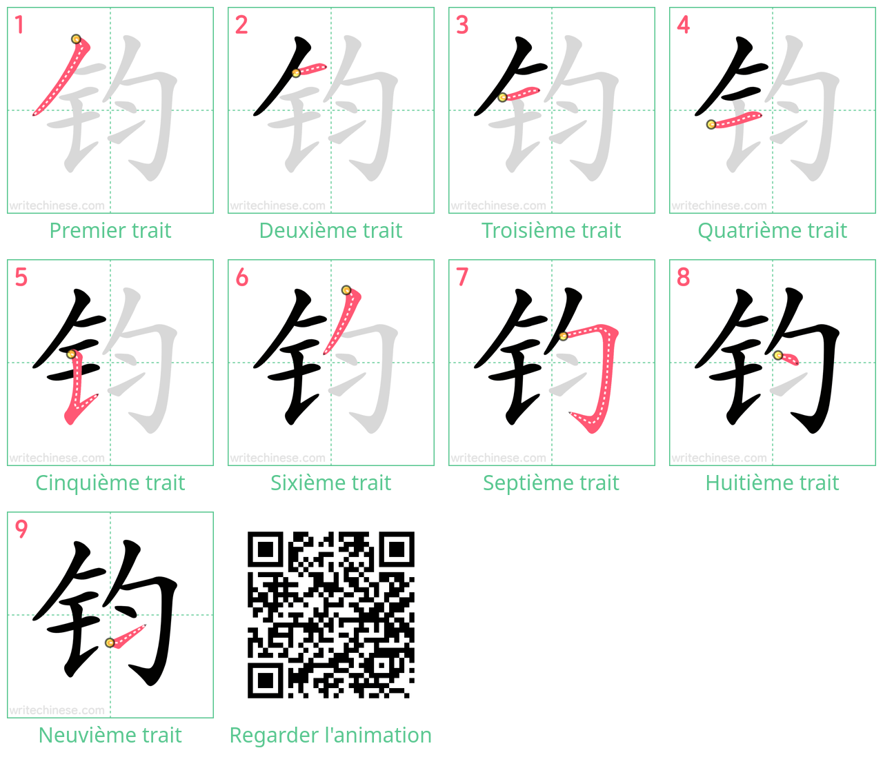 Diagrammes d'ordre des traits étape par étape pour le caractère 钧