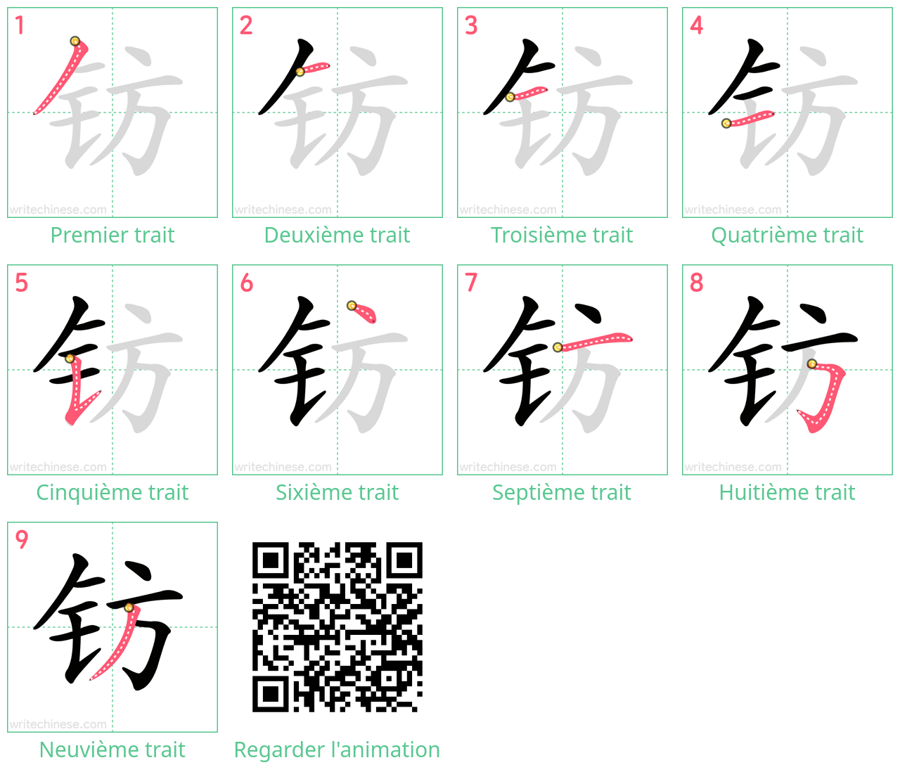 Diagrammes d'ordre des traits étape par étape pour le caractère 钫