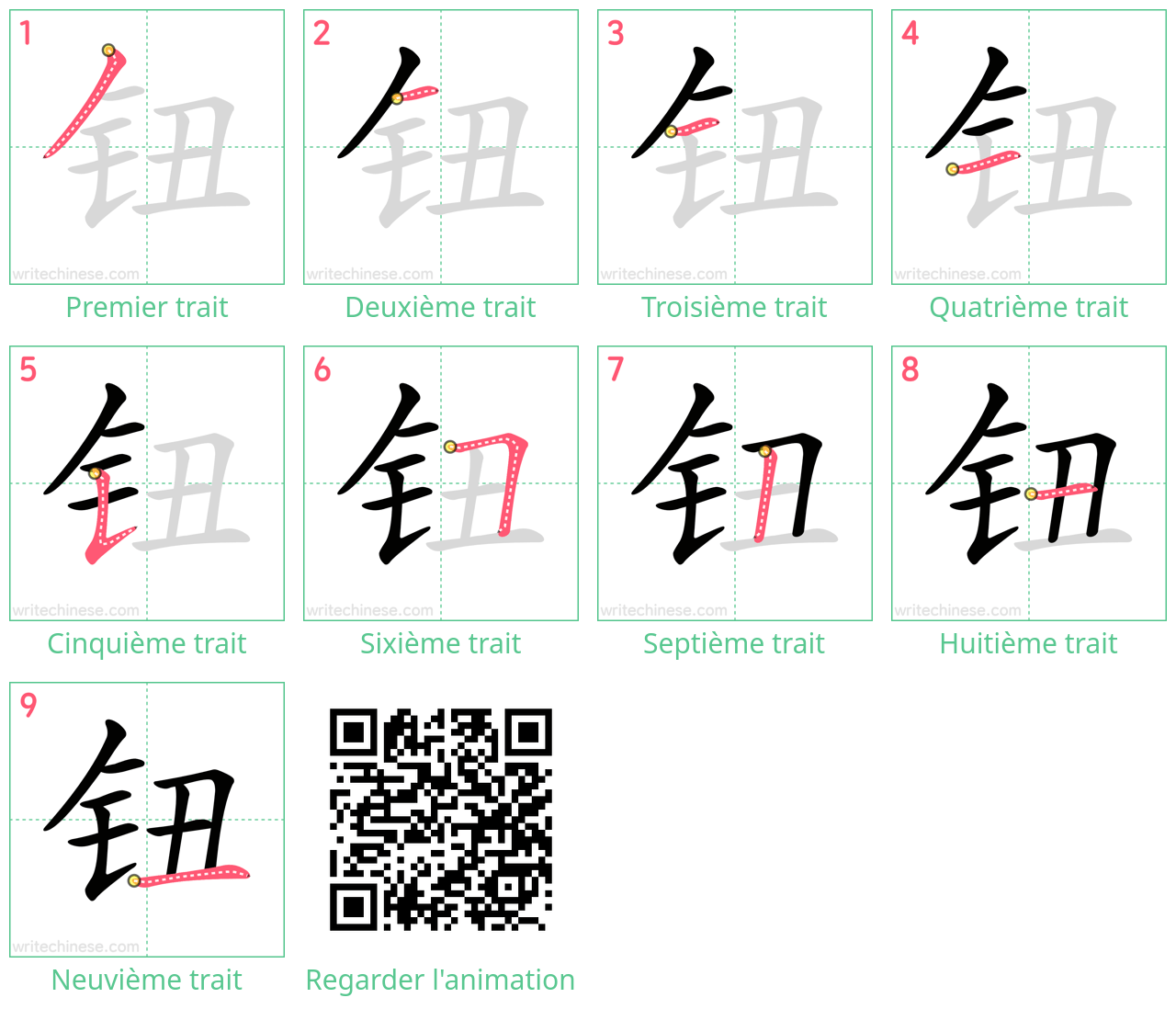 Diagrammes d'ordre des traits étape par étape pour le caractère 钮