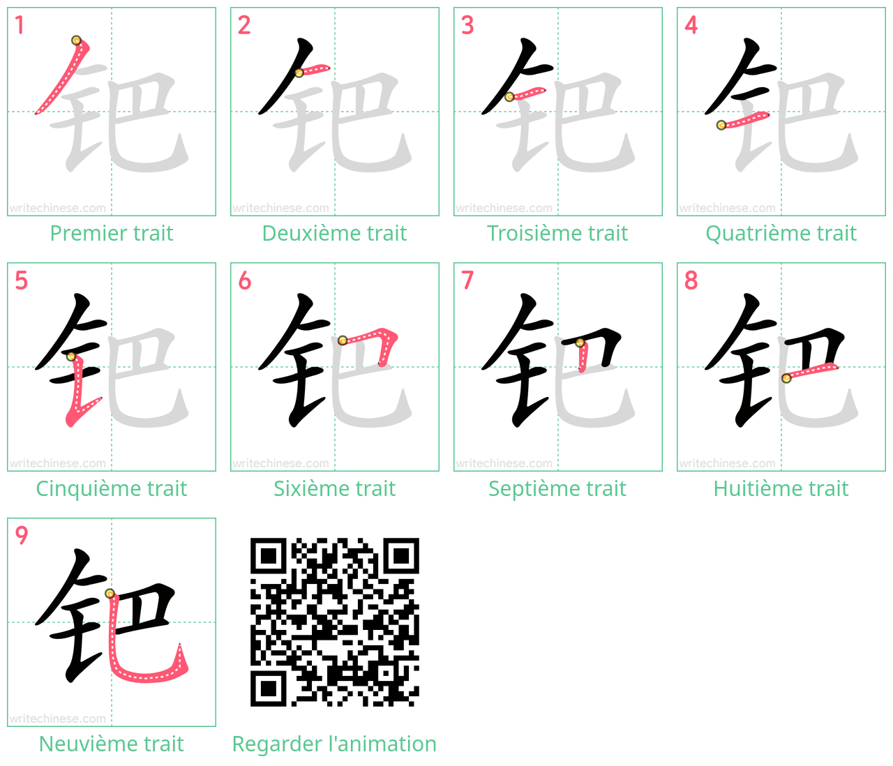 Diagrammes d'ordre des traits étape par étape pour le caractère 钯