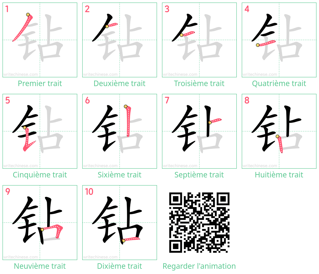 Diagrammes d'ordre des traits étape par étape pour le caractère 钻