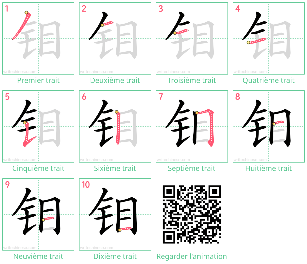 Diagrammes d'ordre des traits étape par étape pour le caractère 钼