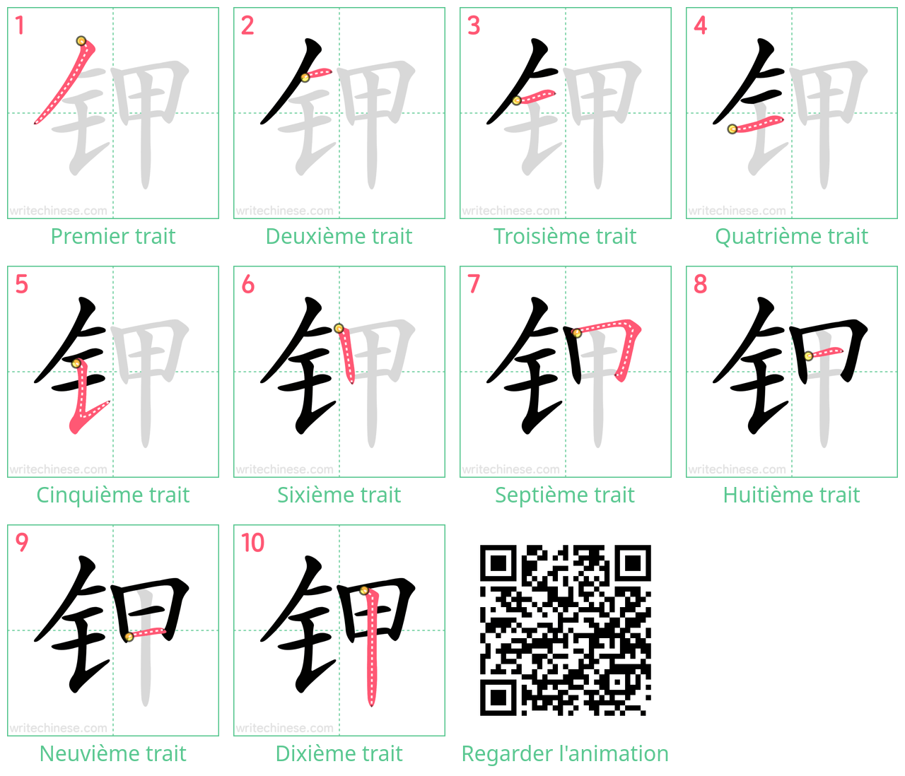 Diagrammes d'ordre des traits étape par étape pour le caractère 钾