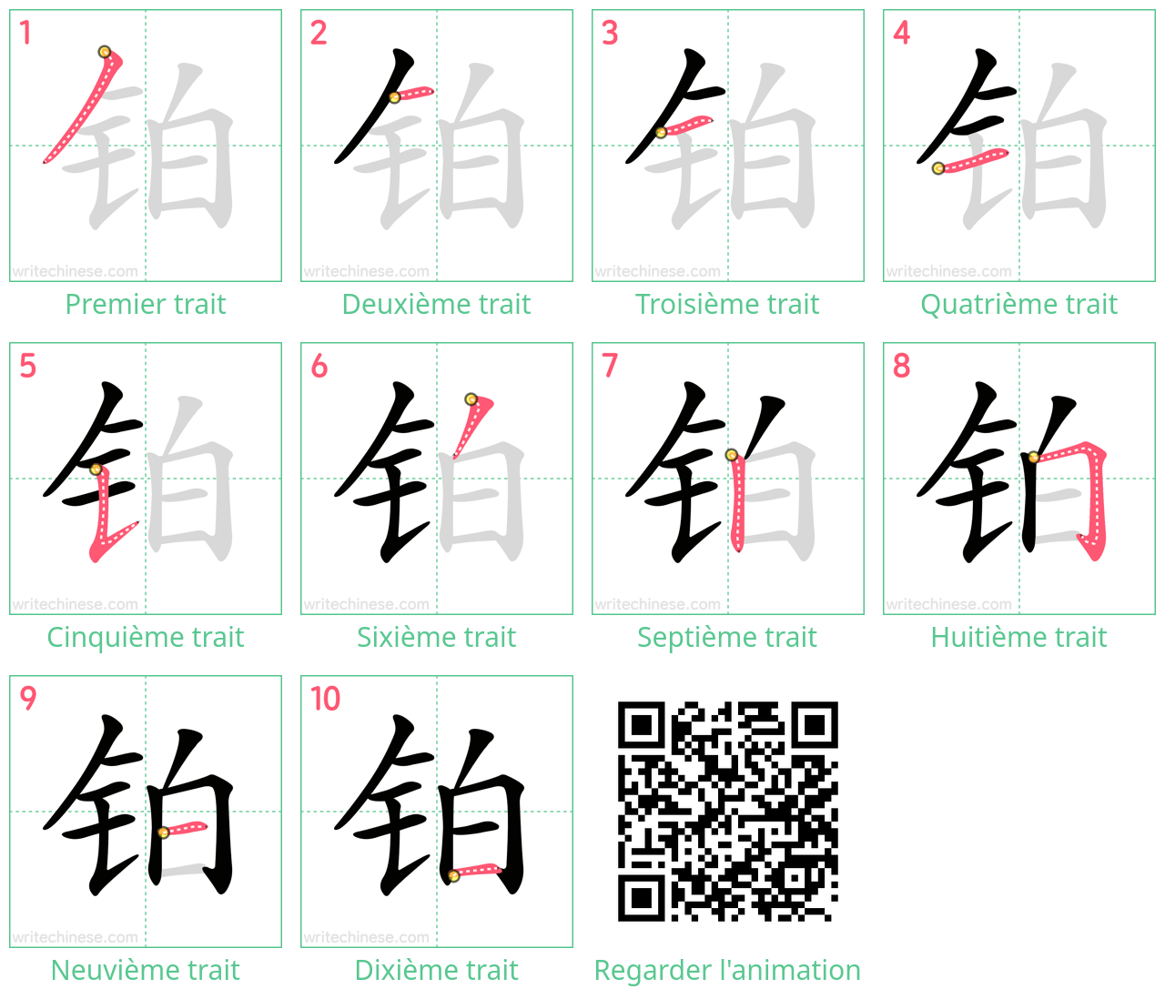 Diagrammes d'ordre des traits étape par étape pour le caractère 铂